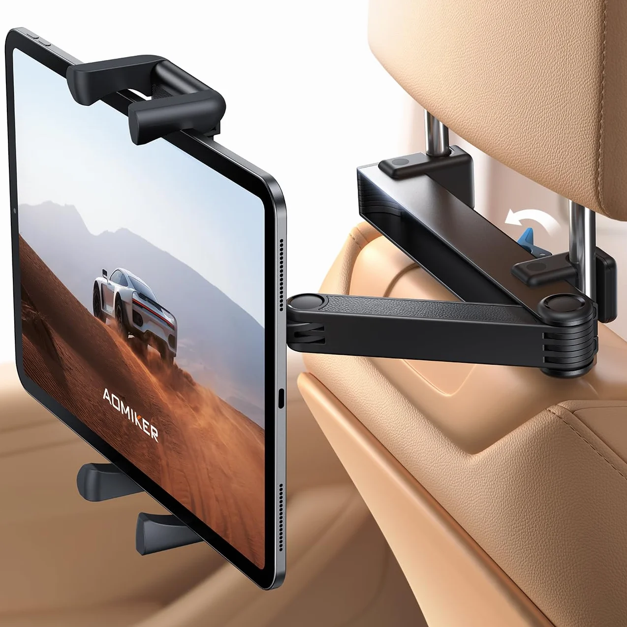 Lamicall Wspornik tabletu dla samochodu (poduszka głowy) - [Podwójnie zgięty design] Uchwyt samochodowy tabletu z zamyk ręką aluminiową, wyciąg,Pasuje do iPad, urządzeń 6,1-13 cali i smartfonów