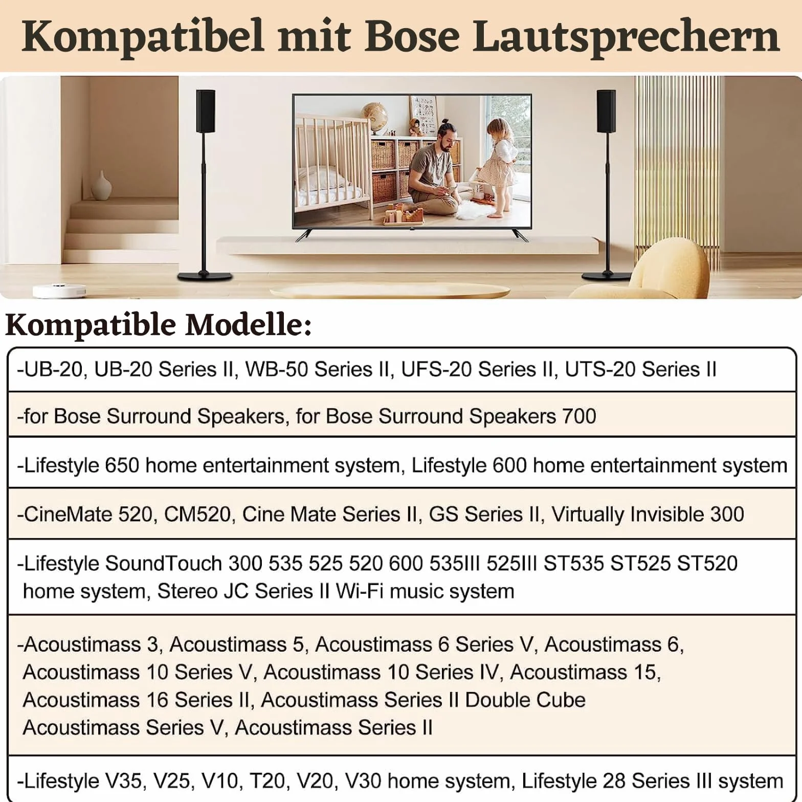 Stojak z regulacją wysokości do stojaków głośnikowych Bose Wr Slideconnect, do głośników Bose Surround, Surround 700, OmniJewel Lifestyle 650, CineMate GS Series II, do stojaków podłogowych Bose