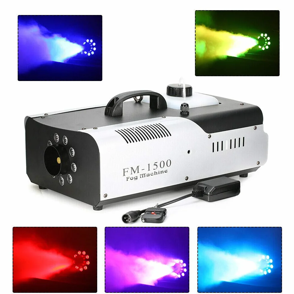 Fogger mini generator dymu LED 1500 W bezprzewodowy pilot zdalnego sterowania 18000-25000 cu.ft/min obudowa z blachy stalowej 2 l