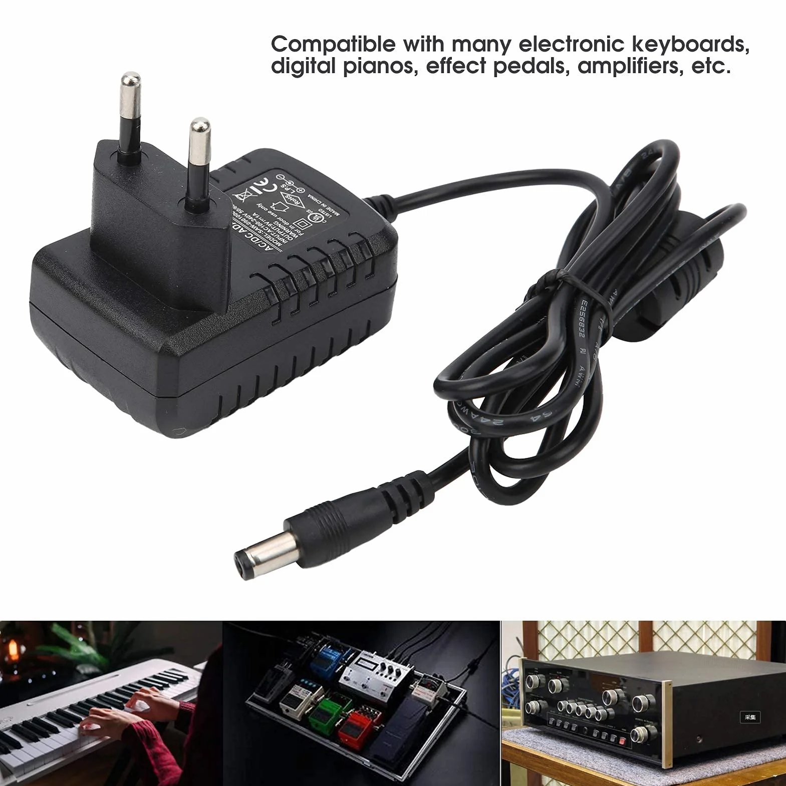 Zasilacz 9V 1A Kabel Zasilający 100-240V Ładowarka do Organów Elektrycznych Pedały Efektów Gitary Fortepianowej(EU Plug)