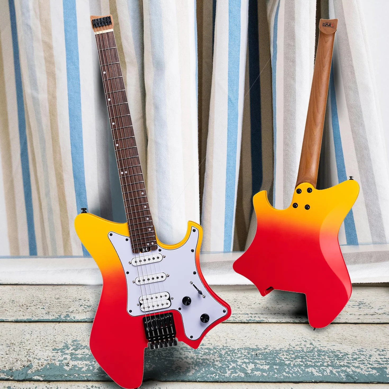 EART GW2P-SE Gitara elektryczna bez główki z korpusem z palonym mahoniem i gryfem z klonu kanadyjskiego, zaokrąglonymi końcówkami, średnie jumbo ze stali nierdzewnej (Red Burst)