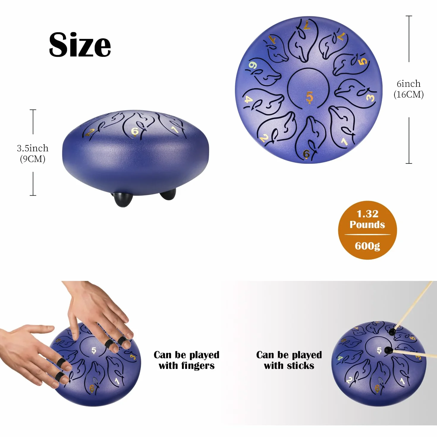 Bęben językowy 11 nut 15 cm, bęben ze stali węglowej, przenośny bęben eteryczny z torbą, nutami, palcami i pałeczkami, do medytacji, jogi, uzdrawiania dźwięku -Lake blue