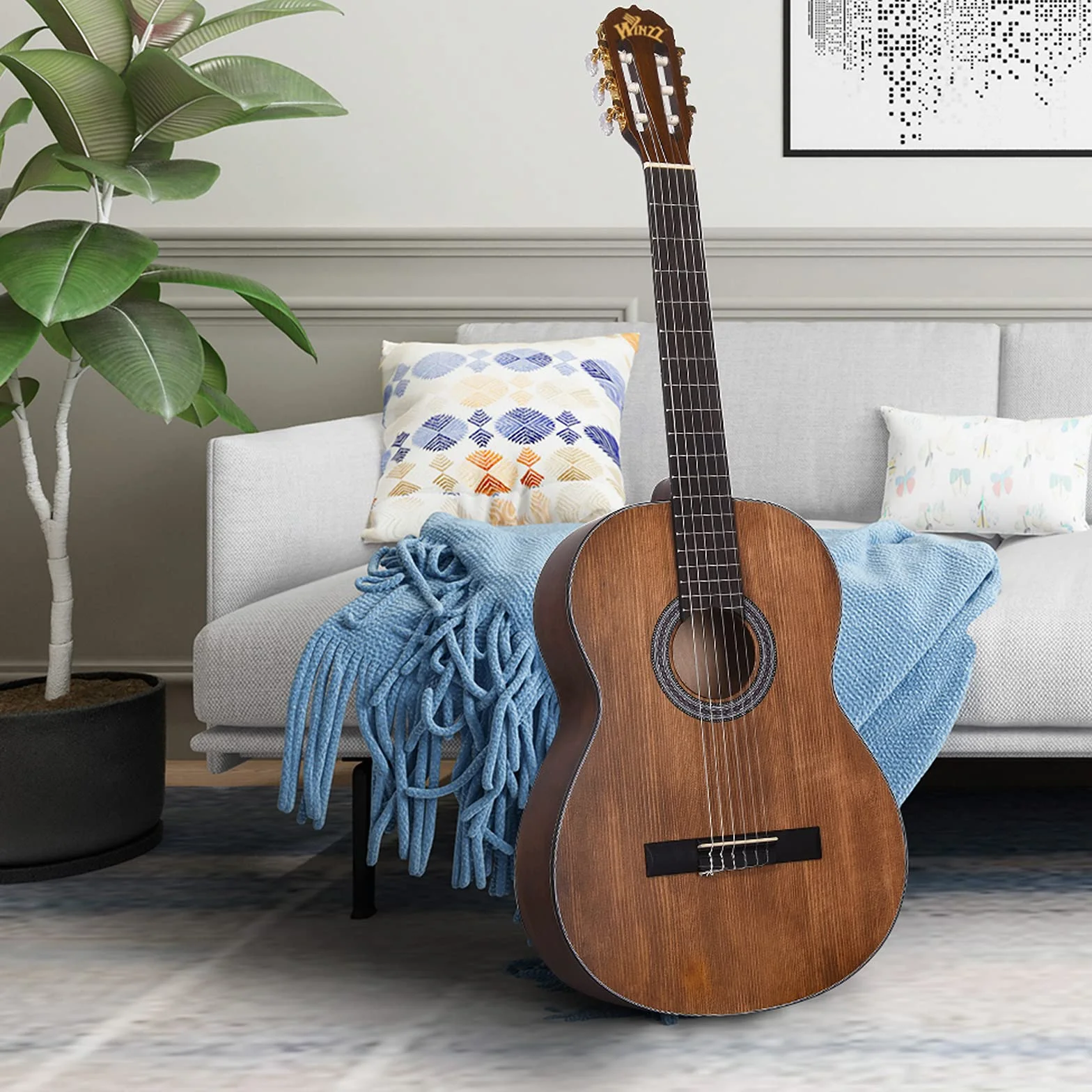 Winzz Klasyczna hiszpańska gitara 4/4, pełnowymiarowa dla dorosłych, początkujących z kompletnymi akcesoriami (99 cm, matowy brąz)