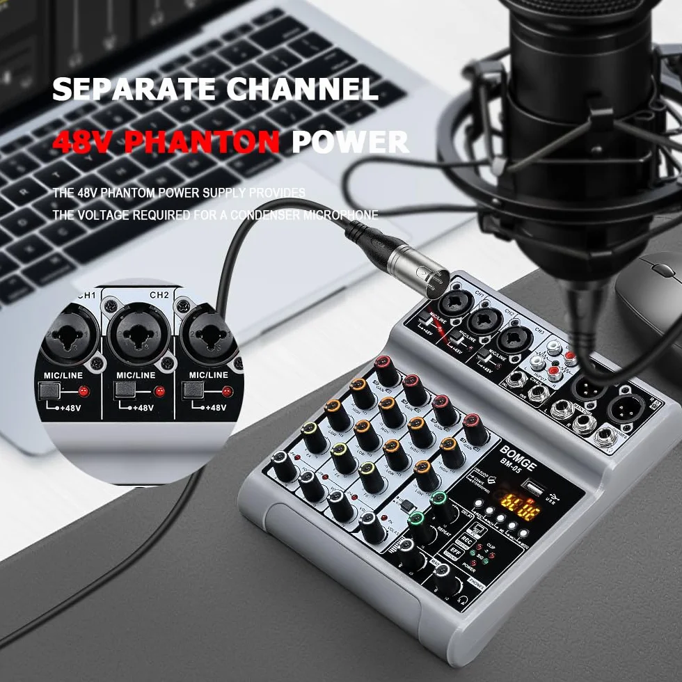 BOMGE Mikser audio 5-kanałowy cyfrowy efekt opóźnienia echa USB Bluetooth 48V Phantom Power