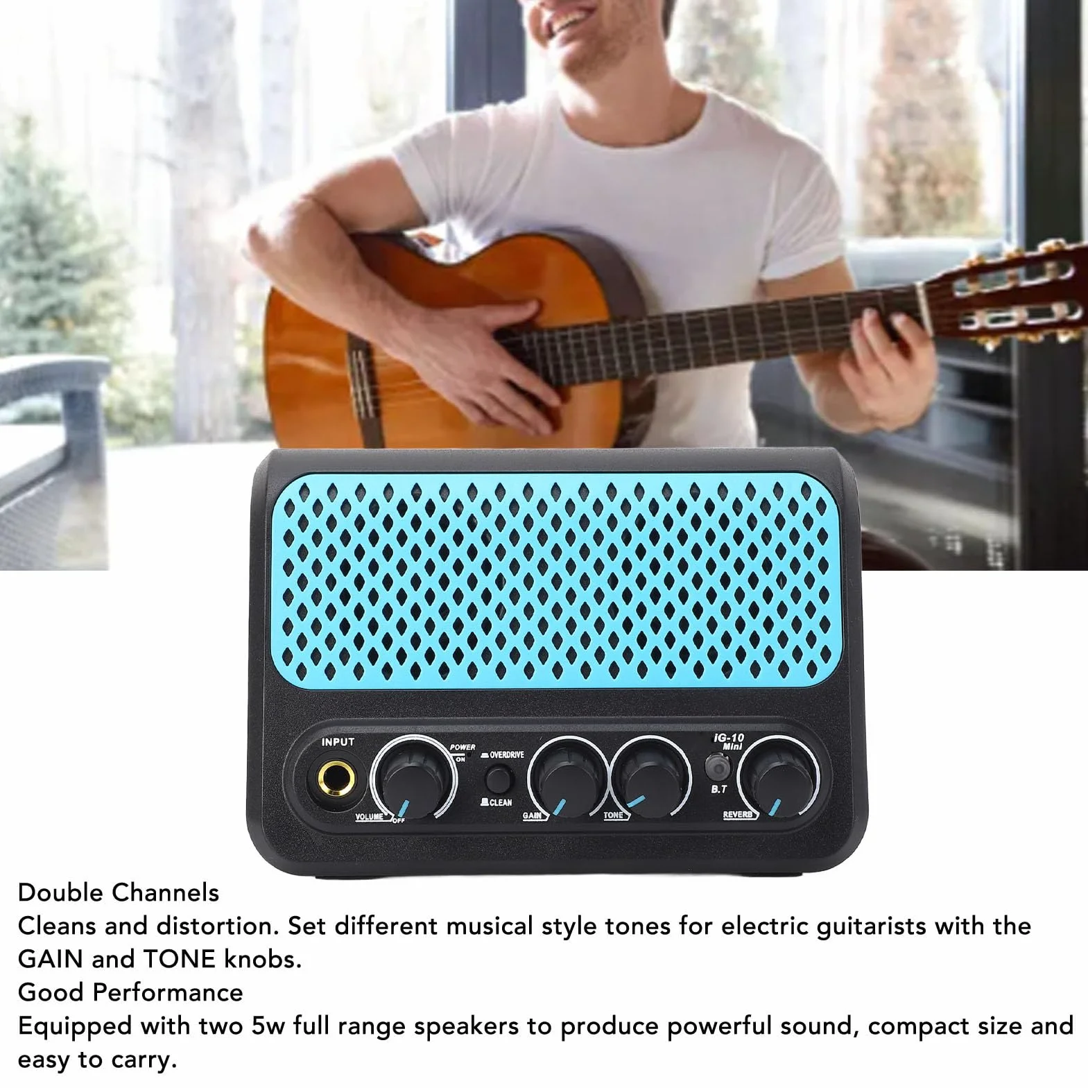 Mini wzmacniacz gitarowy, przenośny wzmacniacz do gitary akustycznej o mocy 10 W z pogłosem, gniazdo słuchawkowe AUX 3,5 m, bezprzewodowy wzmacniacz gitarowy Bluetooth do