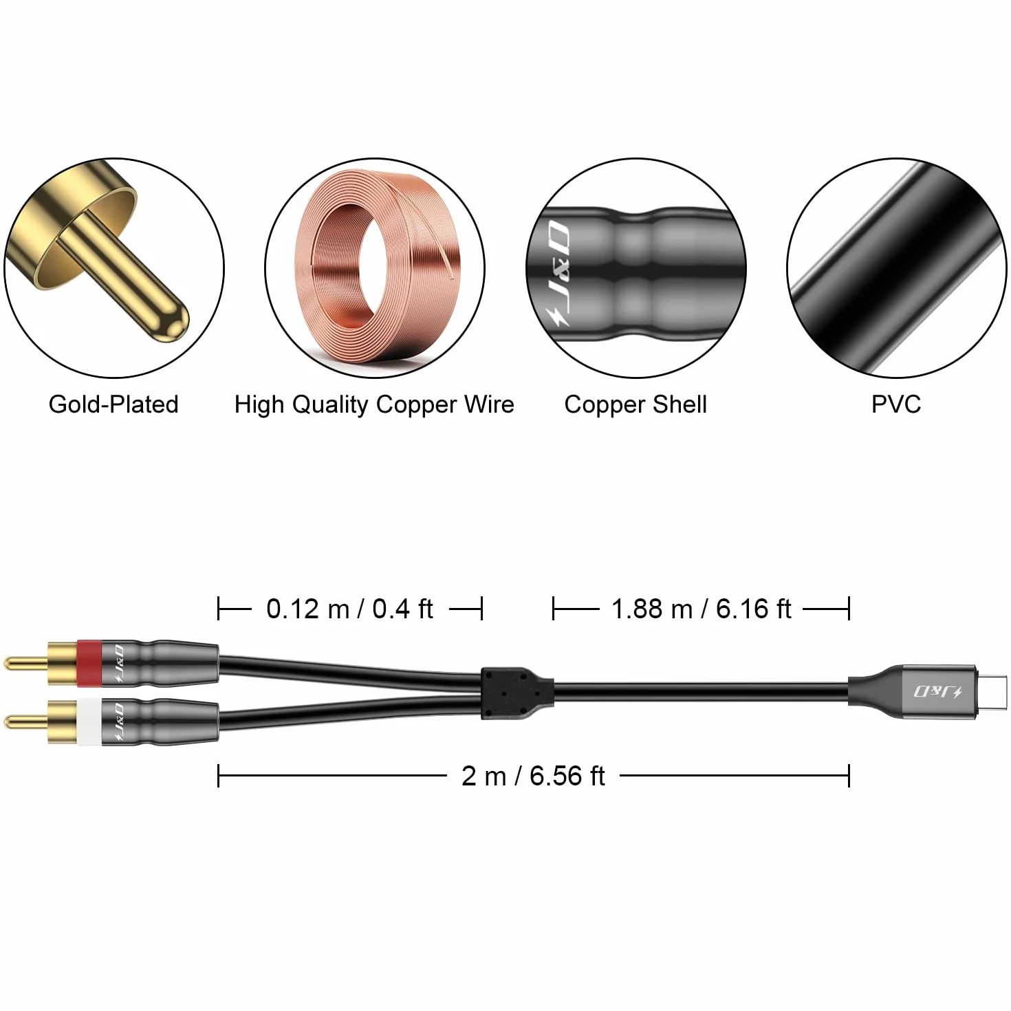 J&D USB-C do 2 RCA Kabla, USB Type-C do 2 RCA Męskiego Audio Stereo Y Rozdzielacza Kabla Przewodu Dostosowany Dla iPhone 16/17 Serii, Google Pixel 10/9/8, MacBook Pro, Tablety, Laptopy, 2 m