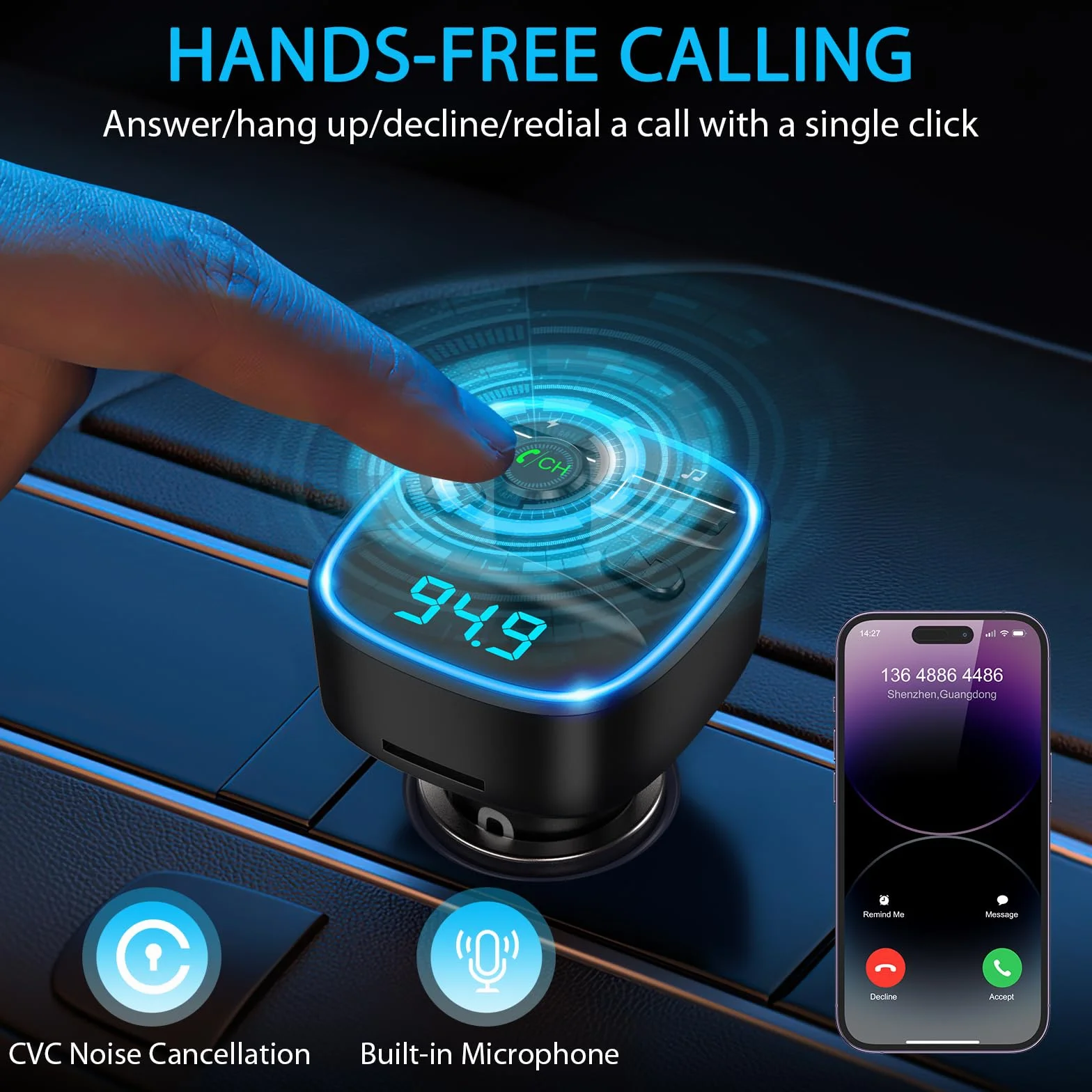 ORIA Samochodowy adapter Bluetooth, nadajnik FM Bluetooth 5.3 do radia samochodowego z podwójną ładowarką USB, połączenia bez użycia rąk, obsługa odtwarzacza muzycznego karty TF i dysku USB (w