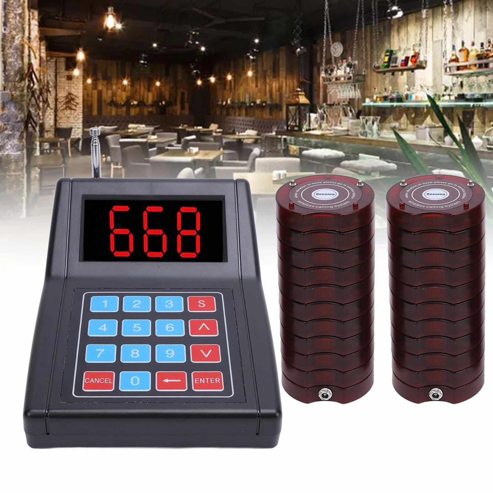 System Pagera Restauracyjnego SU-668, 20 Pagerów Brzęczyków z Wibracjami, Miganiem, Systemem Przywoływania Kolejek, Bezprzewodowy System Przywoływania Gości Klientów (wtyczka UE)