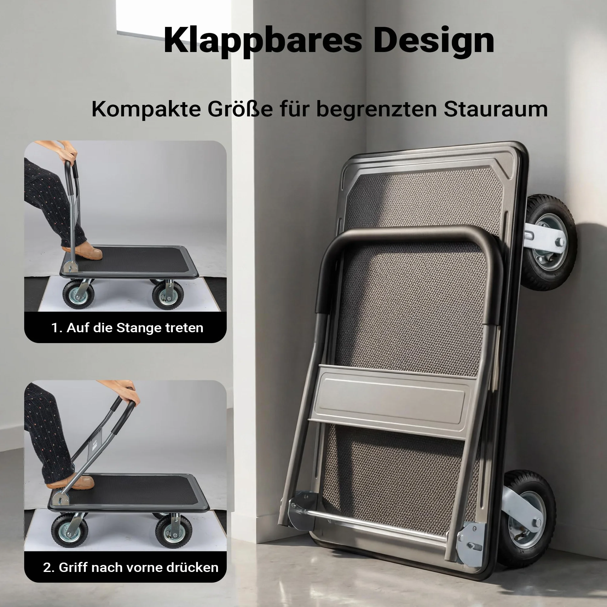 Wiltec Wózek transportowy platformowy 300 kg, składany wózek magazynowy 895x610x985 mm, ręczny wózek z pompowanymi kołami i antypoślizgową platformą