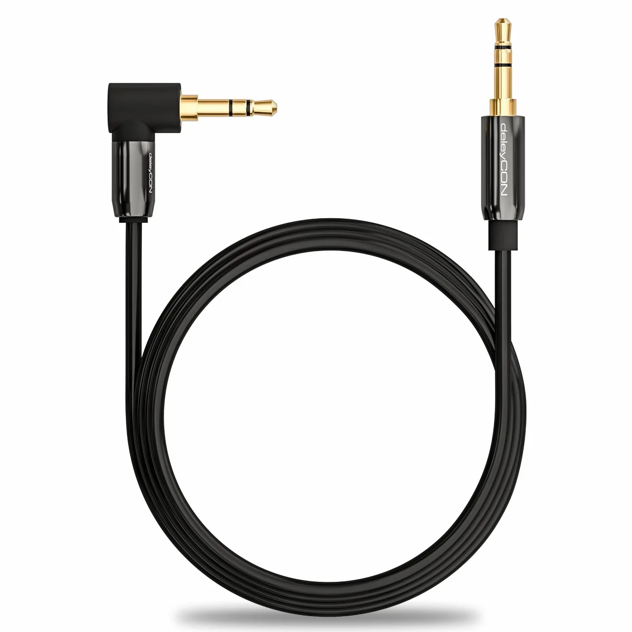 deleyCON 2m Kabel Jack 3,5 mm AUX Kabel Audio Stereo Wtyk Jack 1x Pod Kątem 90° do PC Laptopa Telefonu Smartfona Tabletu Samochodu Amplitunera HiFi - Czarny