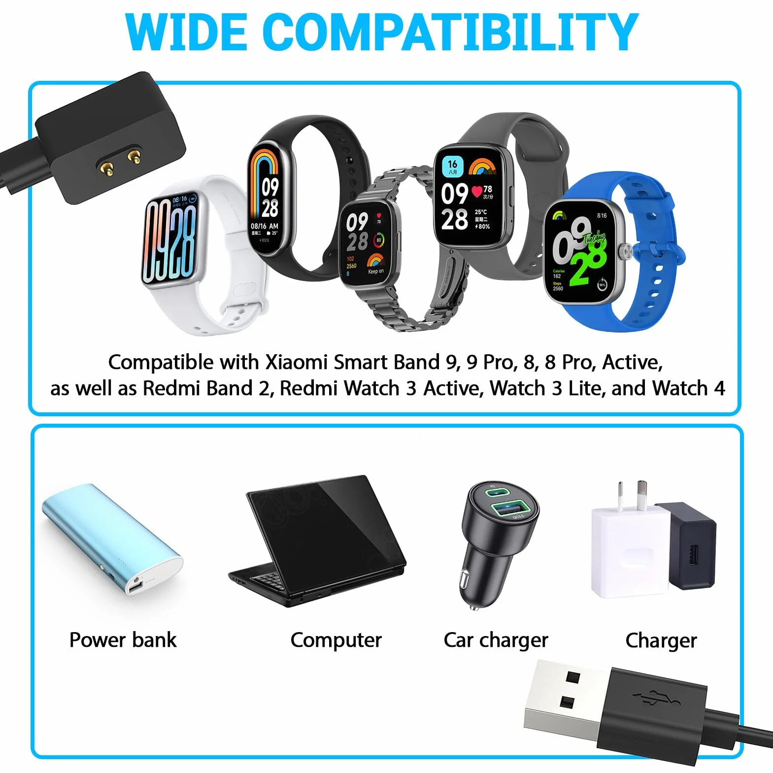 2 kable do ładowarki zegarka do zegarka Redmi Watch 5/5 Active/5 Lite/4/3 Active/3 Lite, 1 m kabel USB do ładowania kompatybilny z Xiaomi Smart Band 9/9 pro/8/8 Pro, USB 5 V 1A, szybkie ładowanie