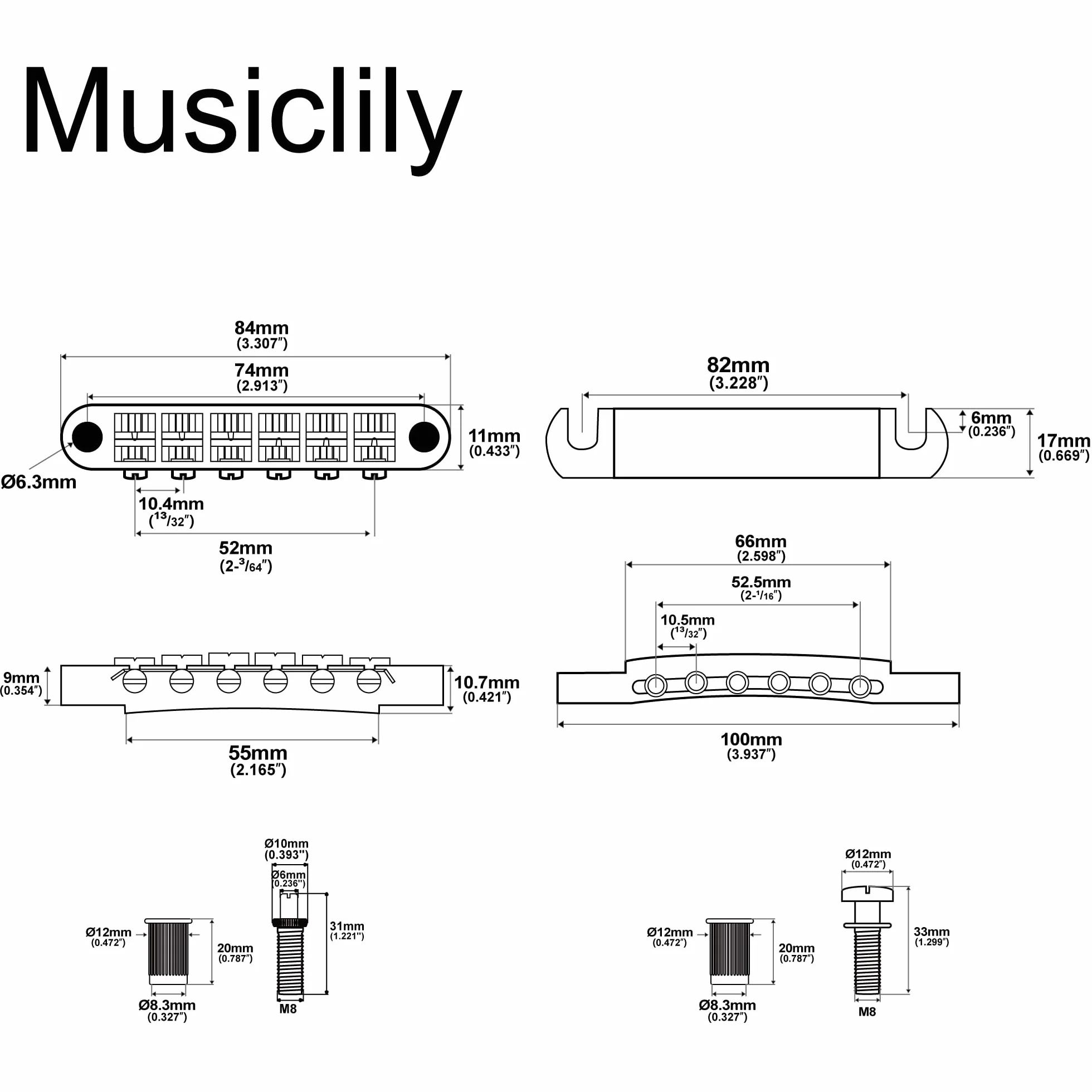 Musiclily Metryczna Mostek Strunociąg ABR-1 Tune-O-Matic Bridge Tailpiece Zestaw do Gitary Elektrycznej Epiphone Les Paul LP SG, Chrom