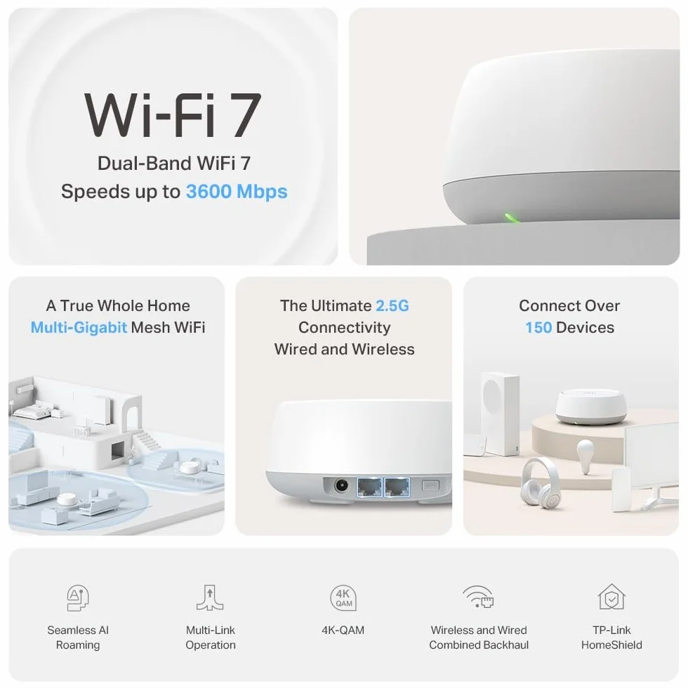 TP-Link WiFi 7 Deco BE25(3-pack) Mesh WiFi, BE3600Mbps Dual-Band, roouter, AP, 2 porty Ethernet 2,5 Gb/s, 4 anteny wewnętrzne, MLO, AI-Roaming, HomeShield, współpracuje z każdym ISP, modemem i Alexa