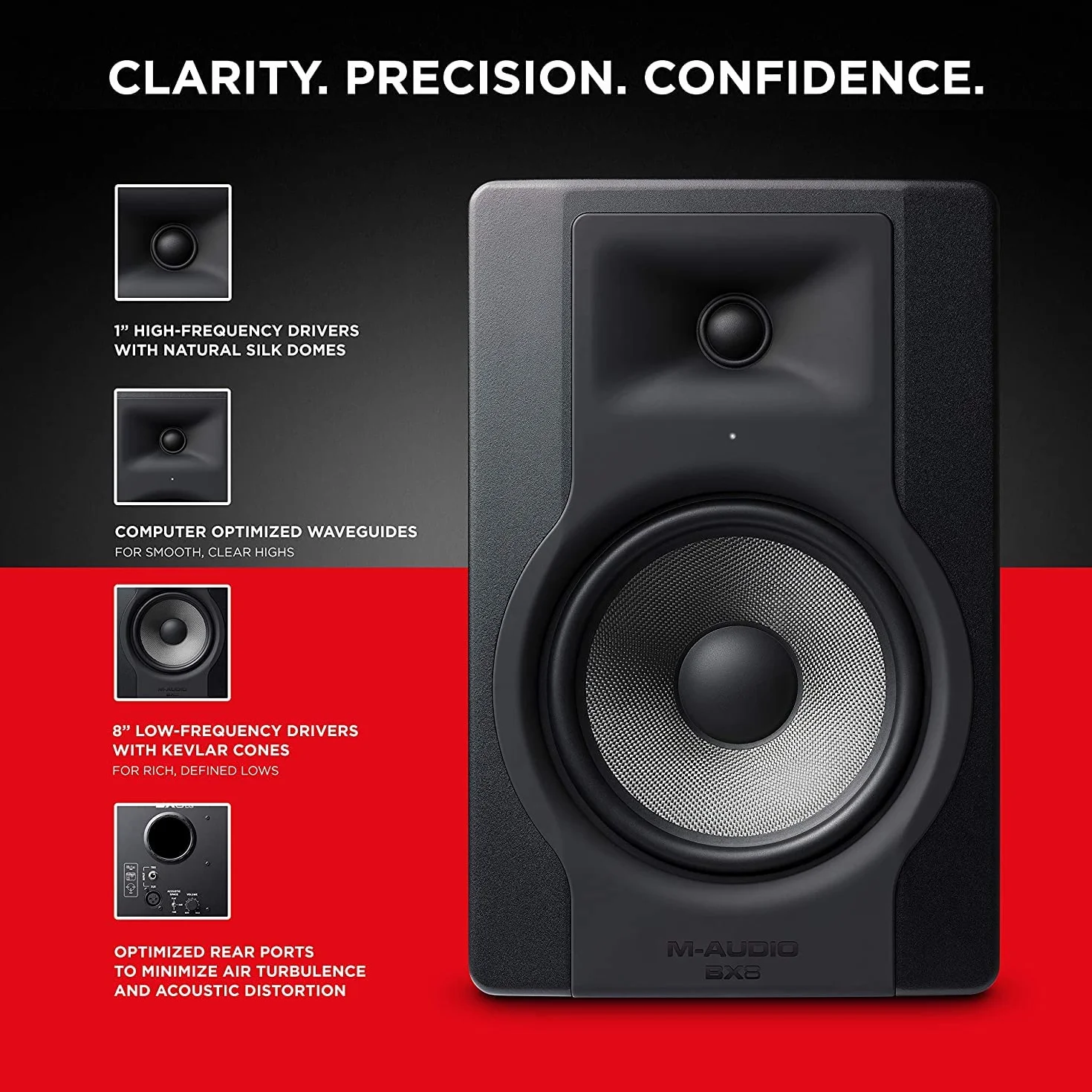 M-Audio BX8 D3 - Profesjonalny 2-drożny 8-calowy aktywny monitor studyjny do produkcji i miksowania z wbudowaną regulacją przestrzeni akustycznej