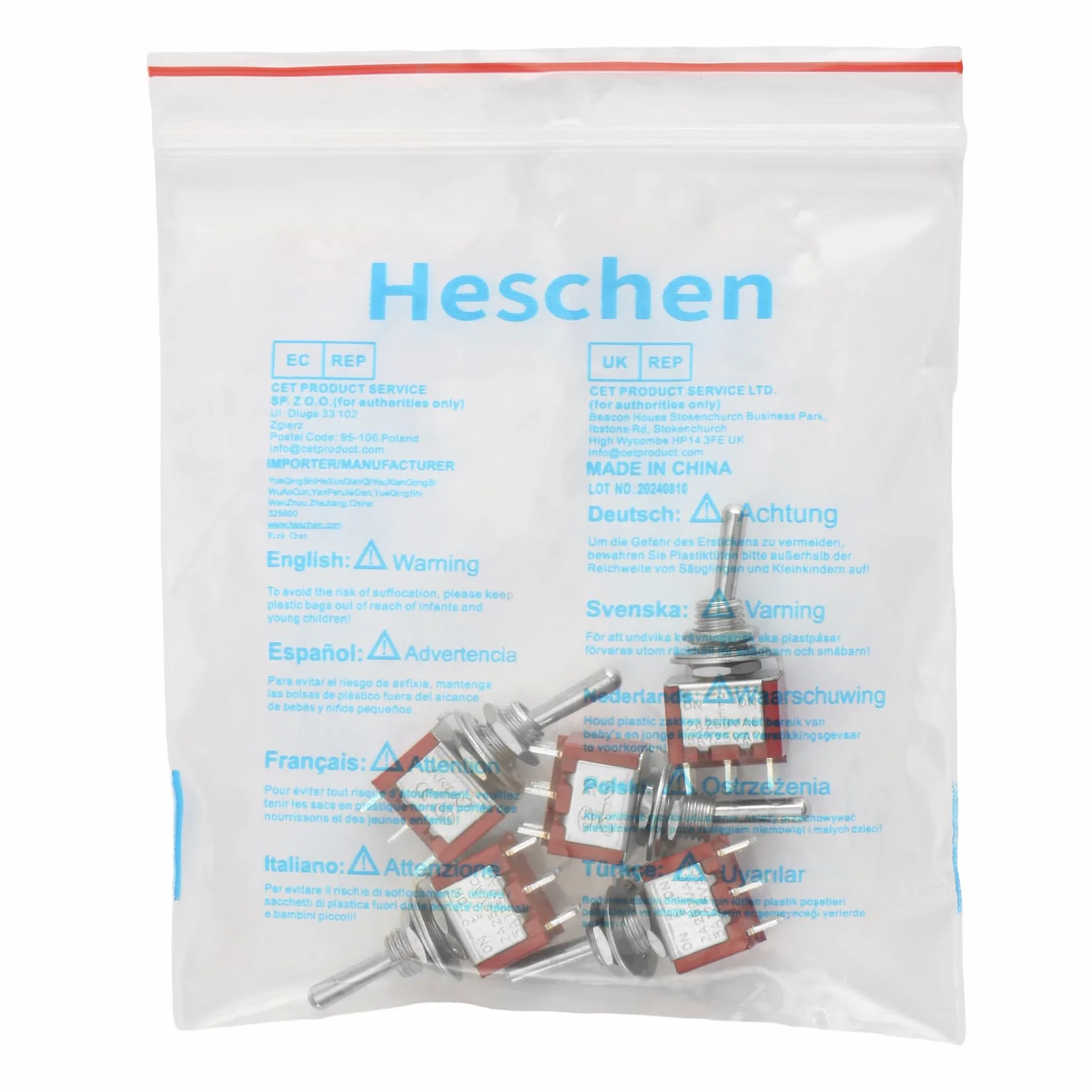 Heschen Miniaturowy przełącznik dźwigienkowy MTS-203 ON-OFF-ON DPDT 6 pin, 2 A 250 V 6 A 125 V UR, 5 sztuk