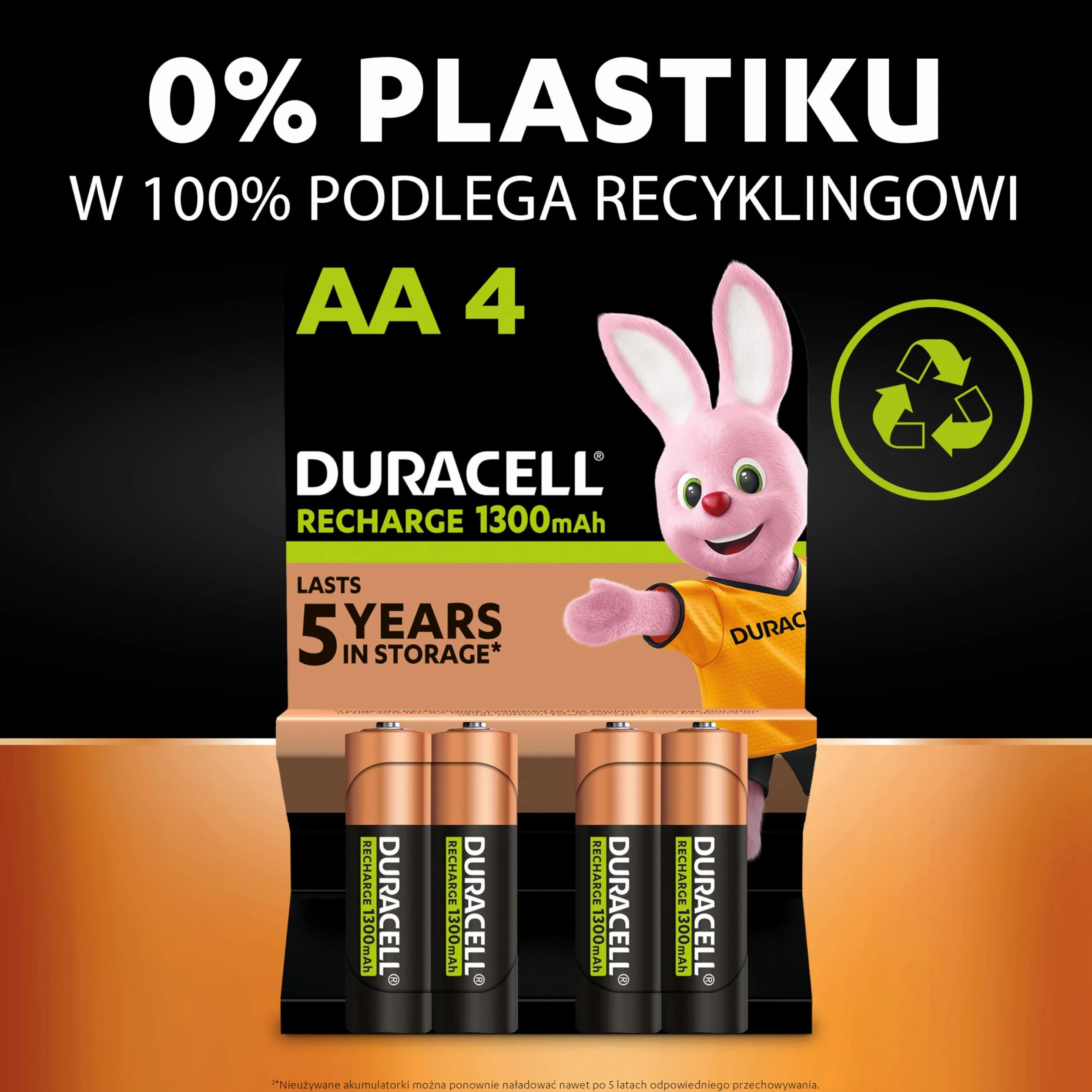 Duracell Akumulatorki Rechargeable, 4 szt., AAA 900 mAh NiMH, Fabrycznie naładowane, Nasze działające najdłużej akumulatorki z opakowaniem w 100% nadającym się do recyklingu, nie zawiera plastiku