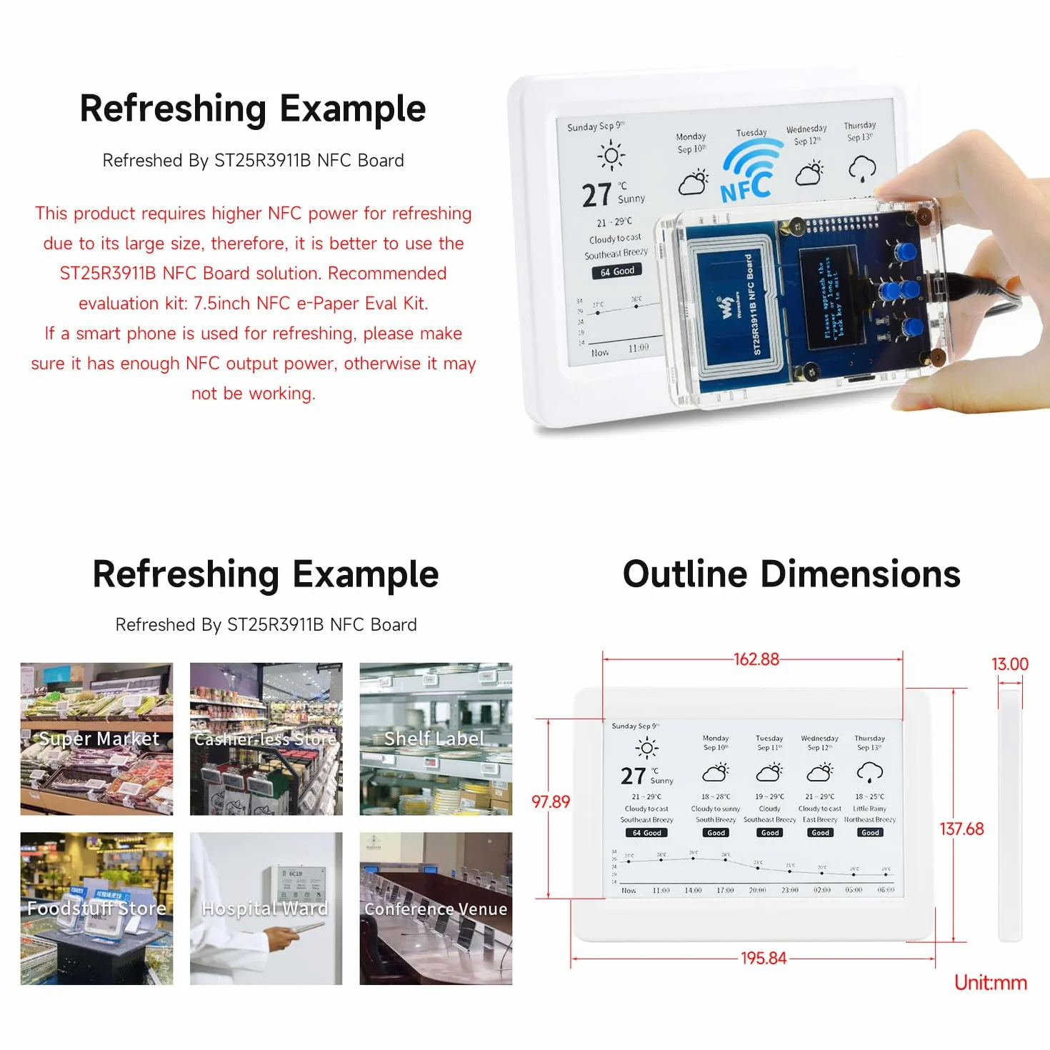 Waveshare 7.5inch Passive NFC-Powered E-Paper V2, Adopts Novel Passive NFC Technology, No batt Required, Wireless Powering & Data Transfer