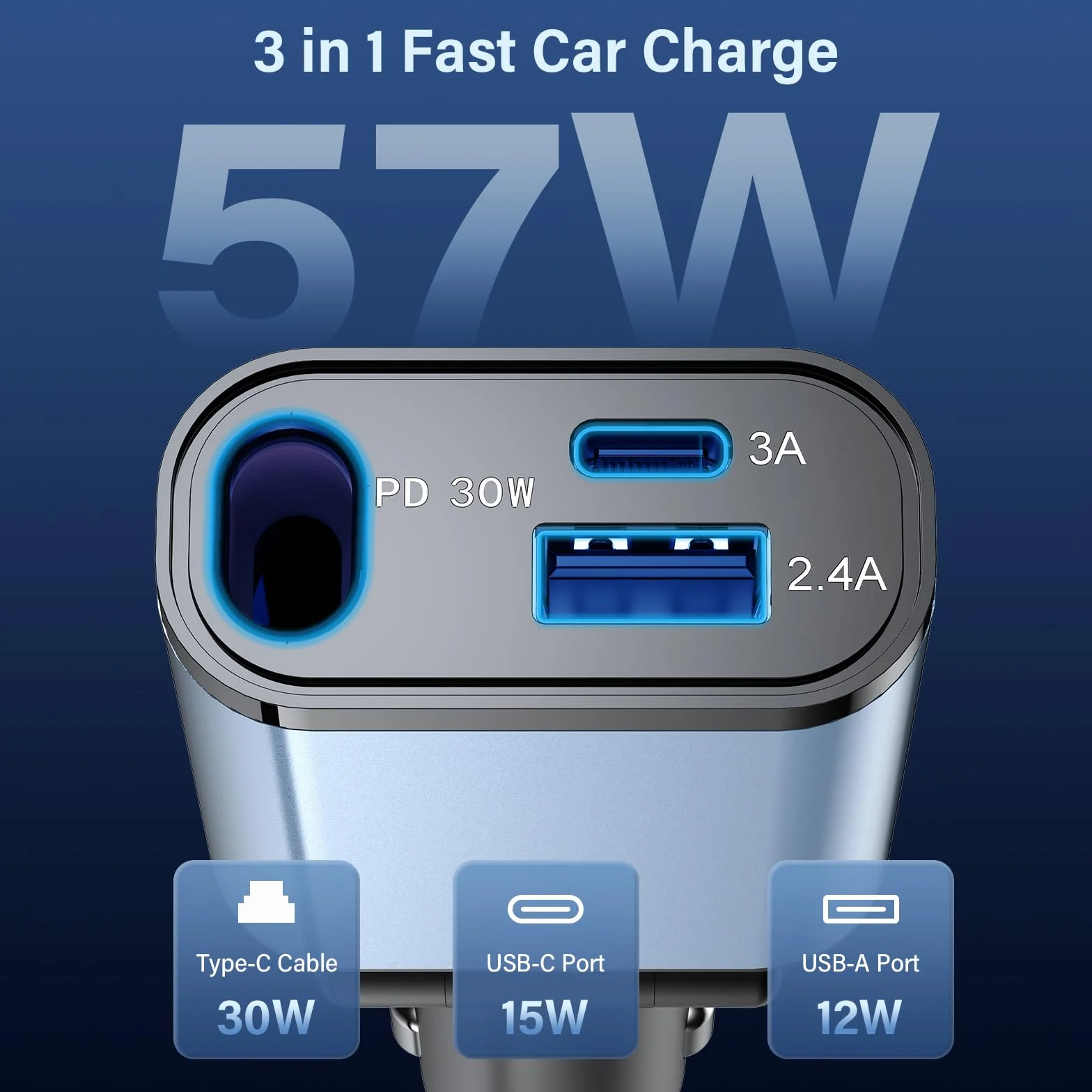 Ładowarka samochodowa USB C z kablem PD 30 W typu C, podwójny port zapalniczki samochodowej adapter 15 W USB-C + 12 W USB, 180° Flip kompaktowa ładowarka samochodowa 12 V/24 V do smartfonów i tabletów