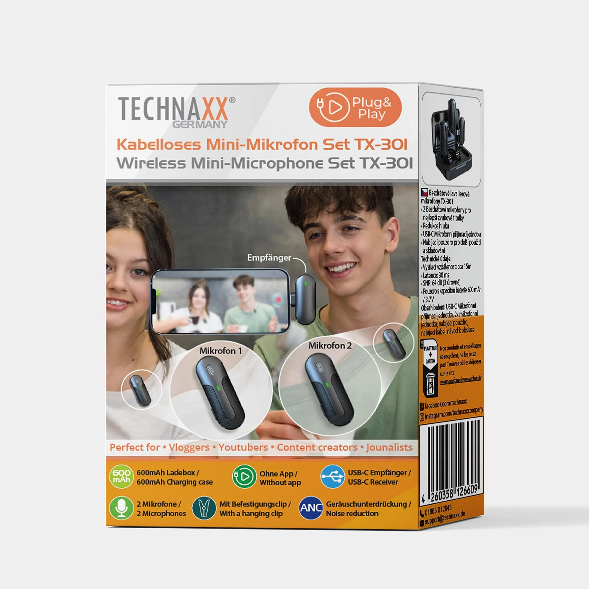 Technaxx Podwójny bezprzewodowy mini mikrofon TX-301 – 2 bezprzewodowe mikrofony krawatowe z inteligentną redukcją szumów, odbiornik USB-C, etui ładujące, klips - idealny do podcastów i nagrywania