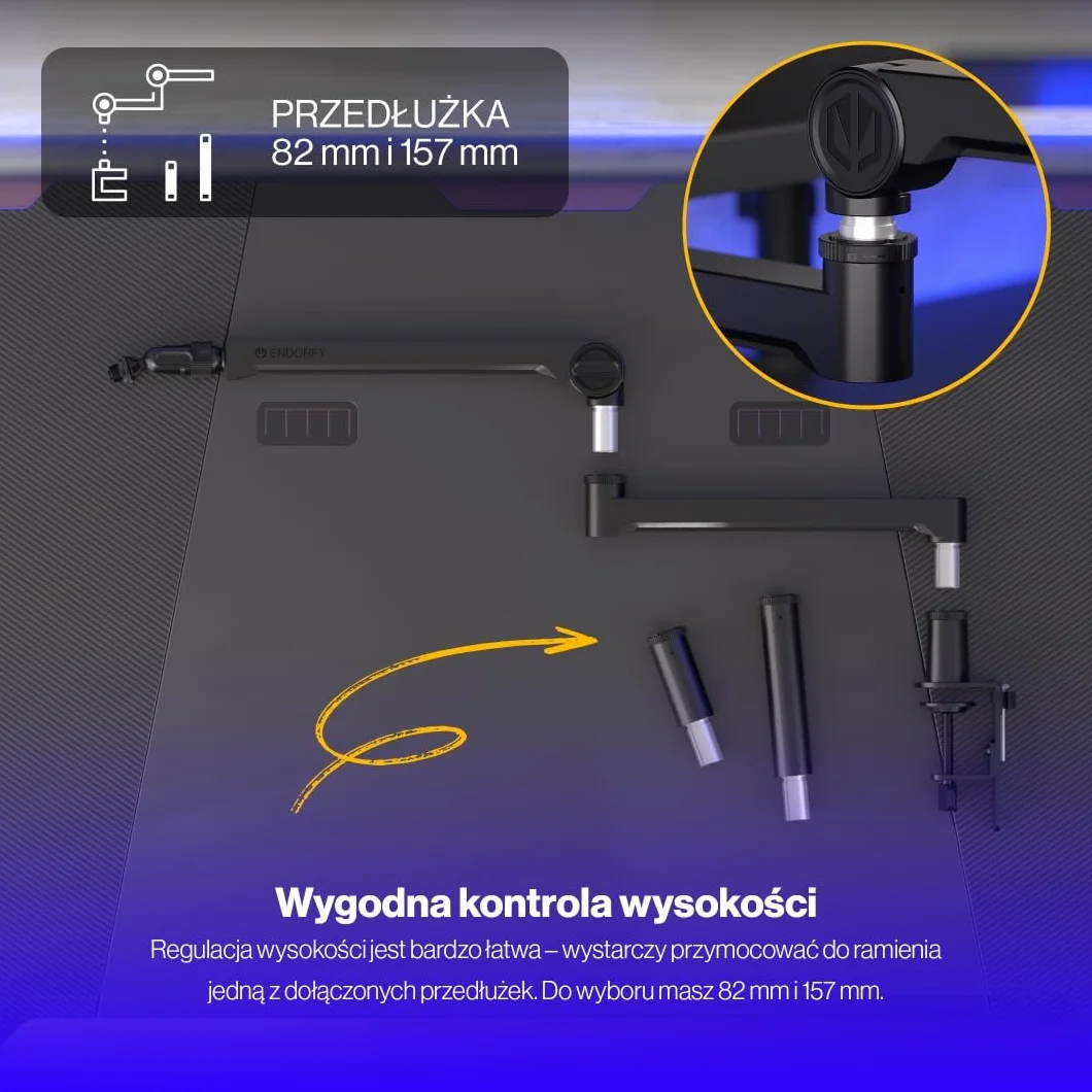 ENDORFY Broadcast Low Profile Boom Arm, niskoprofilowe ramię na mikrofon, smartfon, oświetlenie, kamerę, 360 stopni rotacji, ukryty kanał na przewody, dla graczy, twórców, streamerów, podcasterów