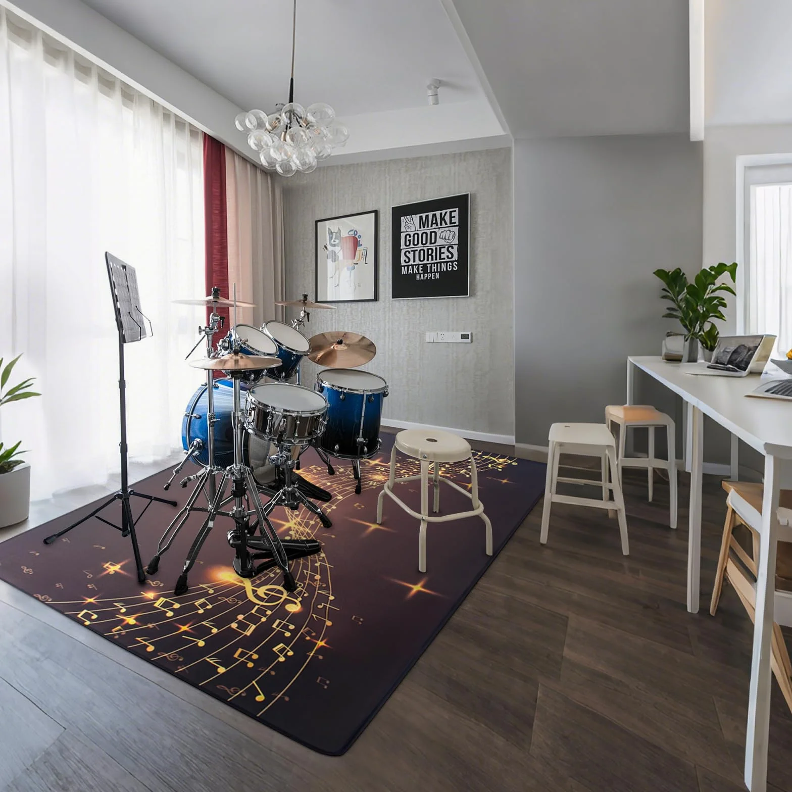 OUUTMEE 160 x 120 cm, antypoślizgowa mata na baterie, elektroniczna mata do ćwiczeń perkusyjnych, akcesoria do baterii jazzowych, ochrona podłogi (wzór nut muzycznych)