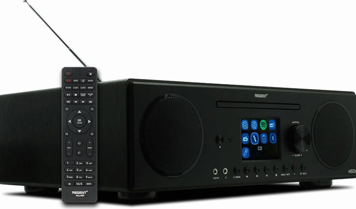 Głośnik REGENT i450s Spotify Connect DAB+ Radio internetowe Odtwarzacz CD Digital Home Stereo Hi-Fi Bluetooth FM 20, podwójny alarm i pilot Wejście AUX i USB (Czarne)