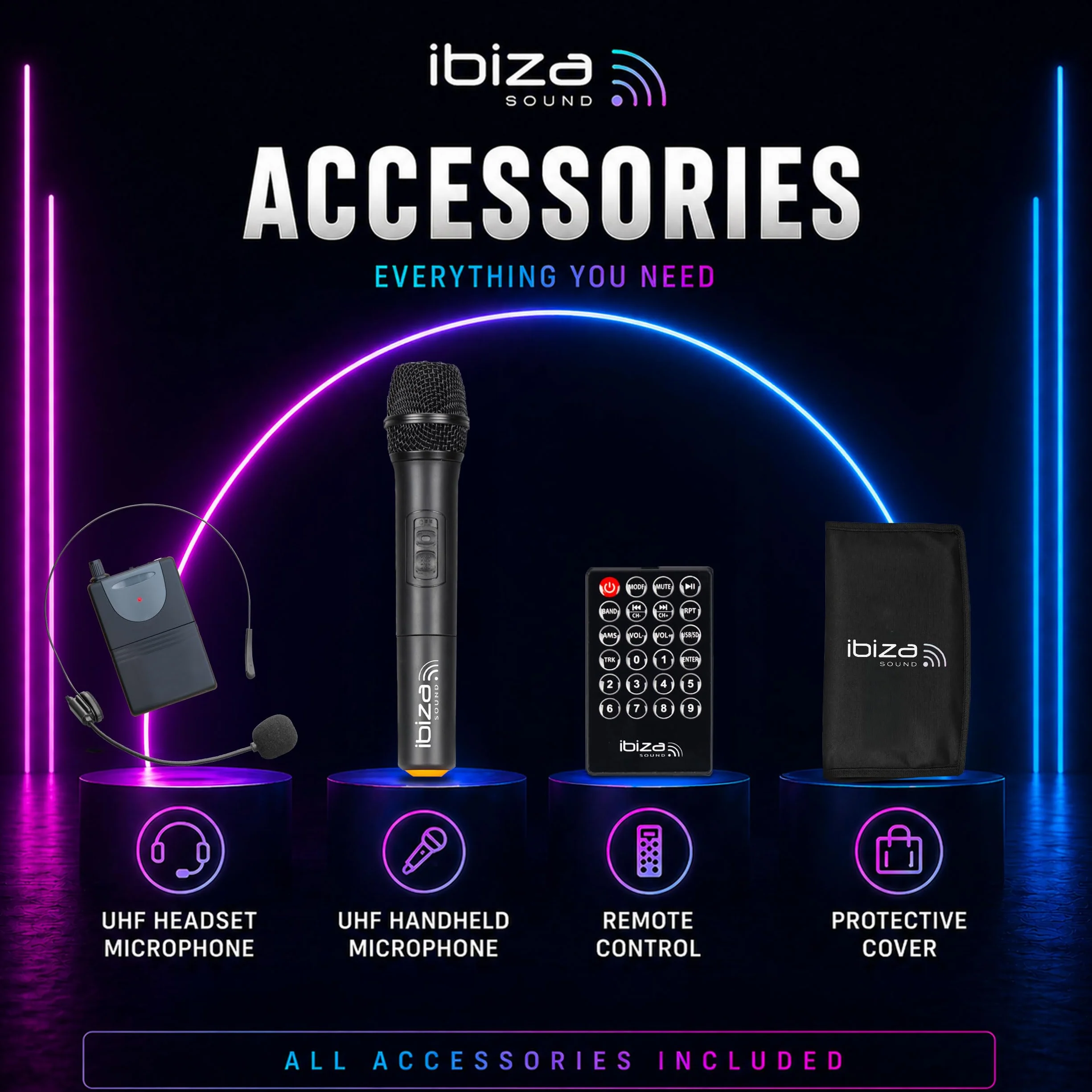 Ibiza PORT15UHF-BT 15"/38 cm Przenośny Głośnik PA z Zasilaniem Bateryjnym i Bluetooth – Maks. 800 W / 400 W RMS – Karaoke z 2 Mikrofonami UHF w Zestawie – TWS – USB, SD, REC, VOX – Trolley