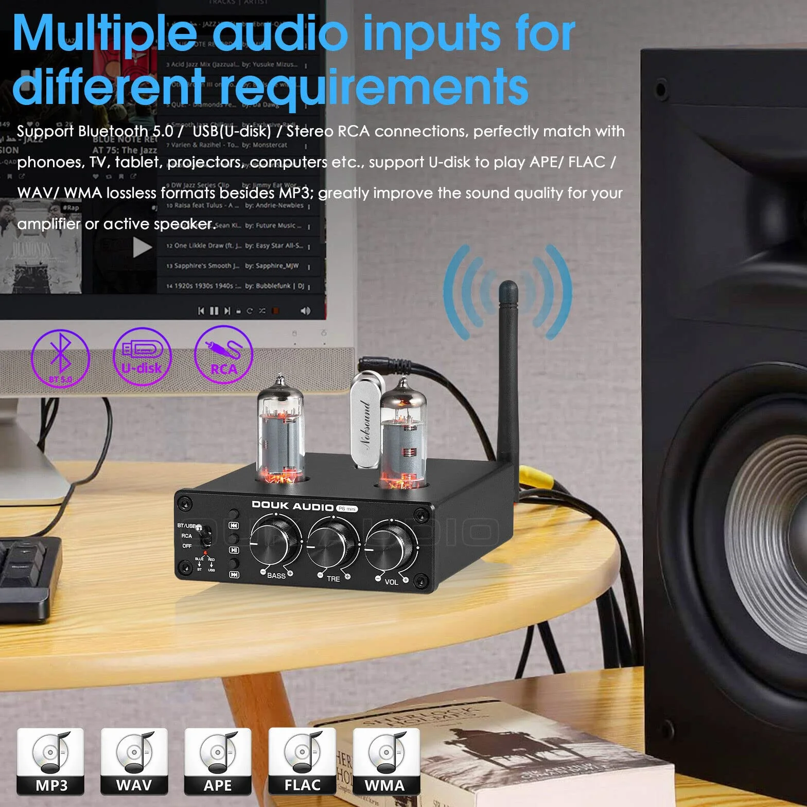 Douk Audio P6-mini HiFi Bluetooth przedwzmacniacz lampowy Mini Stereo Valve przedwzmacniacz Tube Preamp z kontrolą tonów wysokich i niskich do domowego systemu kinowego