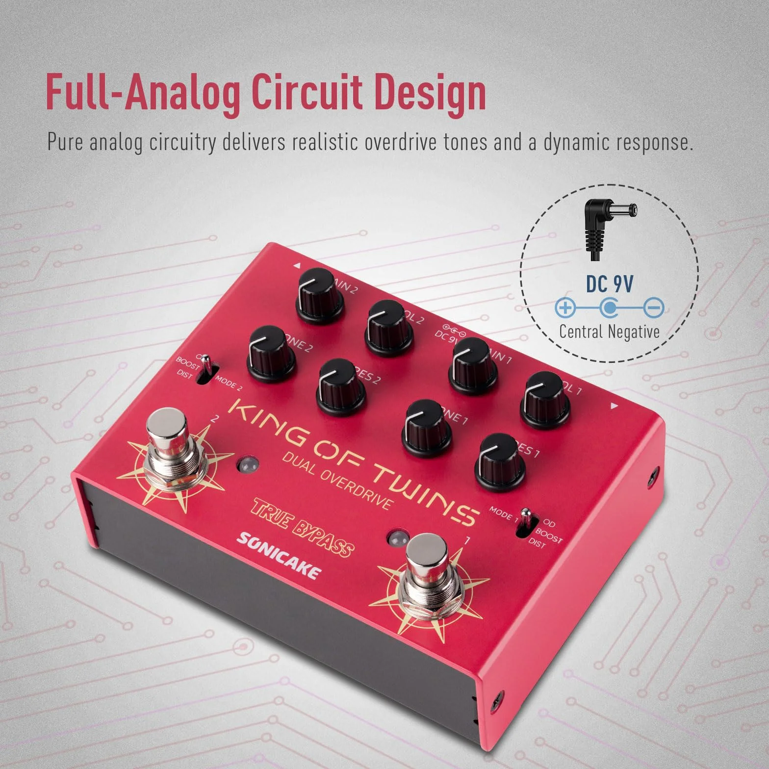 SONICAKE Overdrive, dwukanałowy, 3 tryby - Overdrive/Boost/Dystorsja, kompaktowy efektów do gitary basowej i elektrycznej, czysty obwód analogowy, True Bypass - King of Twins QDS-08