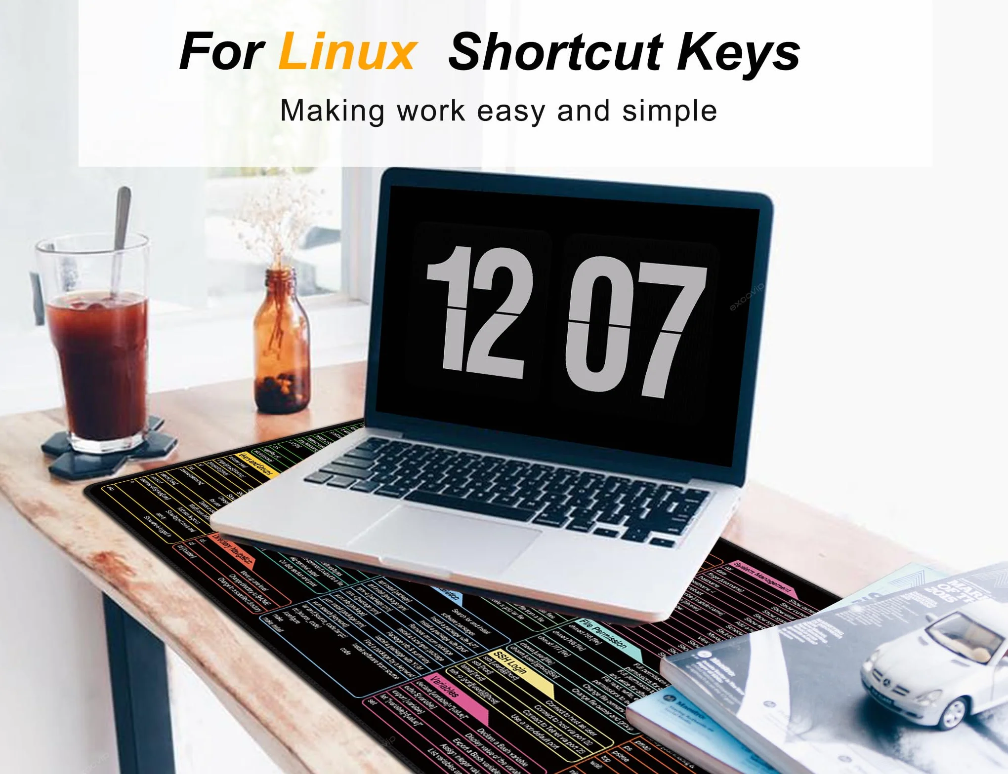 excovip Podkładka pod mysz Linux Commands - Podkładka pod mysz ze skrótami,Rozszerzona duża podkładka na biurko, skrót klawiaturowy,Mata na biurko, zszyte krawędzie, antypoślizgowa (80x30cm)