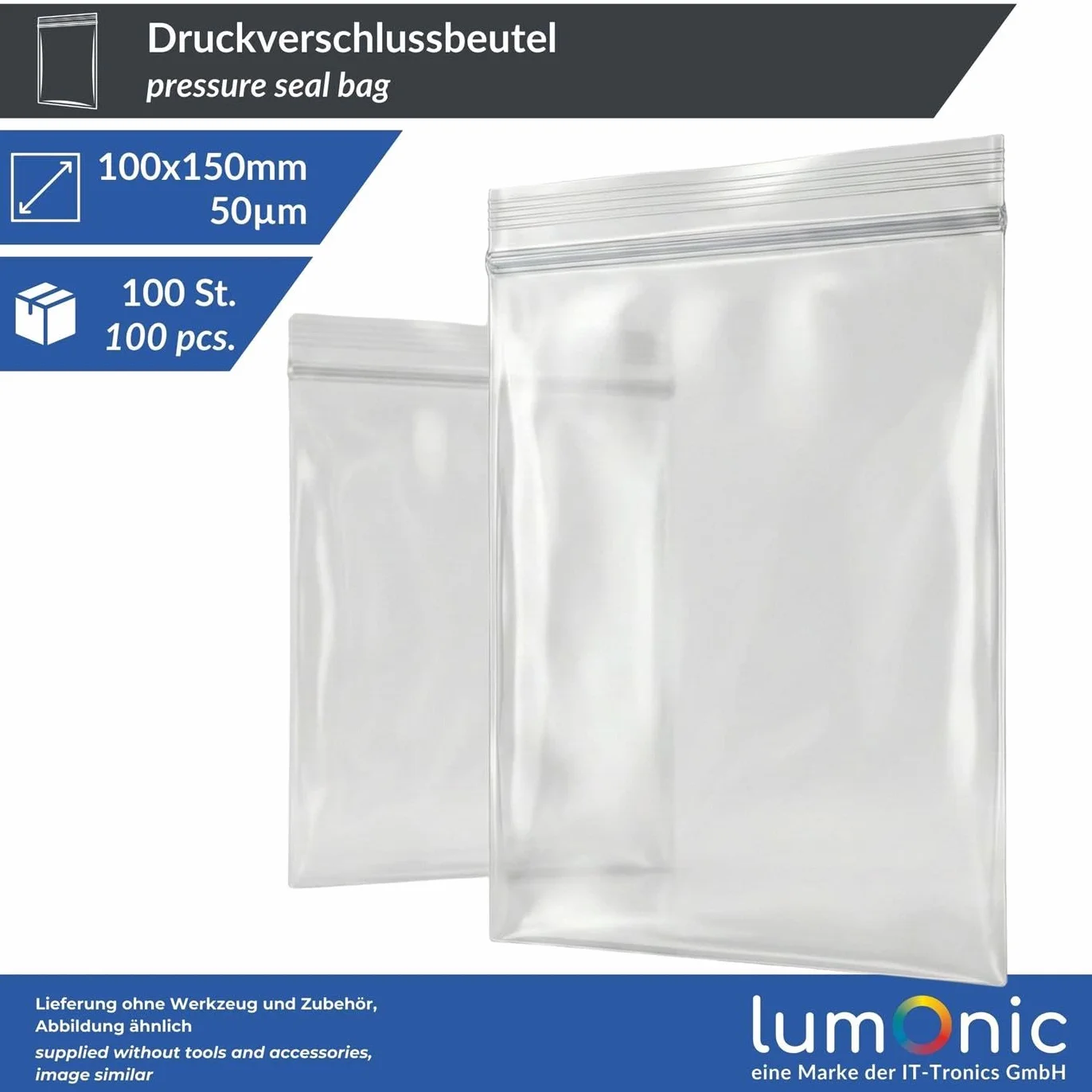 100x Lumonic Woreczek strunowy 100x150mm | 50µm | Przezroczysty, odporny na rozdarcia + bezwonny | Torba z zamkiem blyskawicznym na male czesci, podróz, przechowywanie