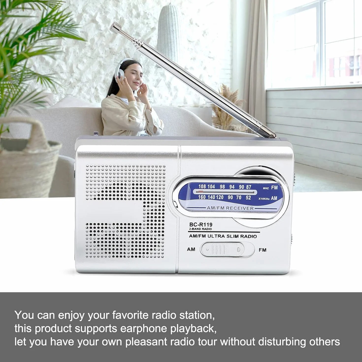 Przenośne radio AM FM, małe radio, na baterie, kieszonkowe radio do chodzenia, joggingu, kempingu, srebrne