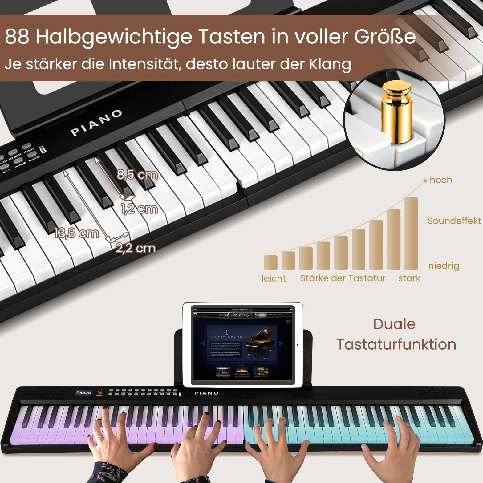 COSTWAY Pianino klawiaturowe 88 klawiszy, składane cyfrowe pianino z Bluetooth MIDI, 1000 rytmami, 1000 dźwiękami, 150 demo, dla dzieci z mikrofonem i torbą, E-Piano dla początkujących Czarny