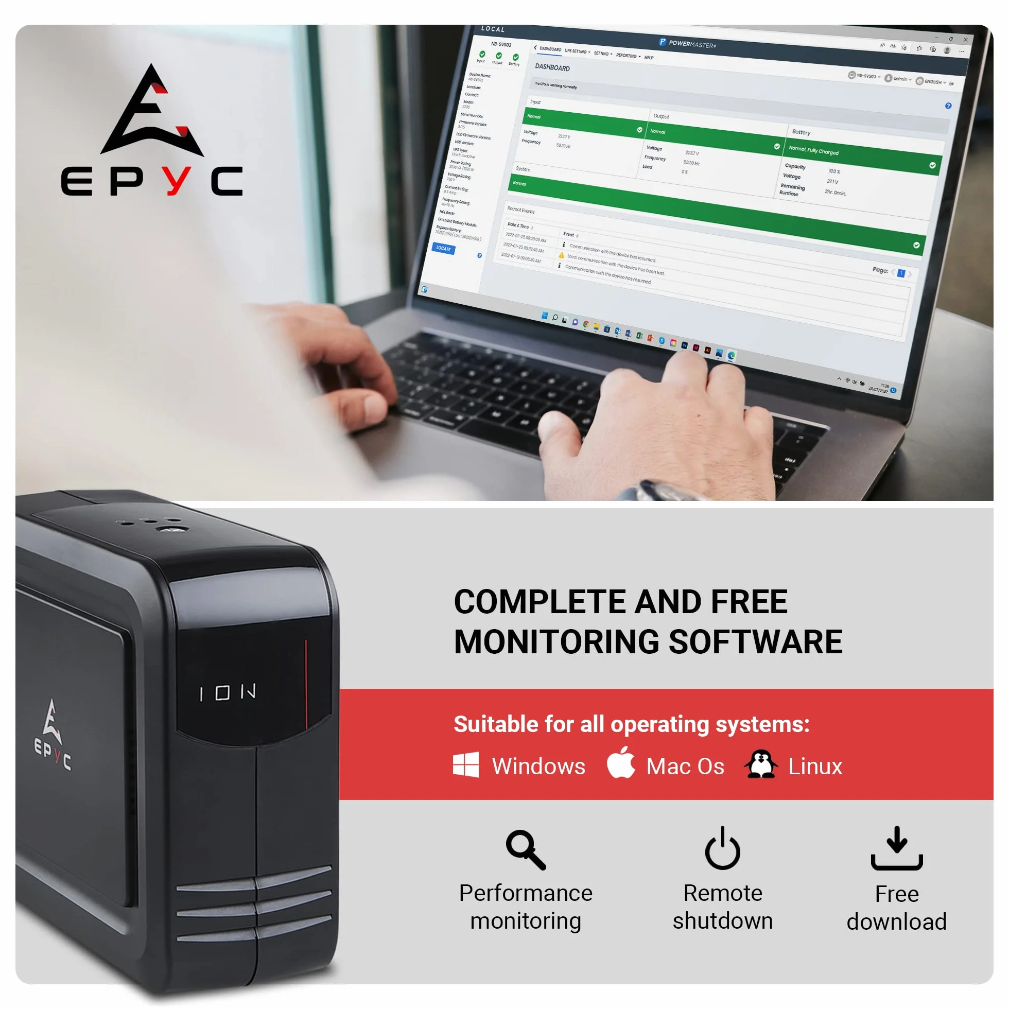 EPYC ION - UPS do komputerów, MAC i aktywnych zasilaczy PFC (PS5, PS4 Pro, XBOX), moc 1000VA/600W, grupa ciągłości do konsol i komputerów do gier, 3 wyjścia Schuko, UPS 1000VA offline