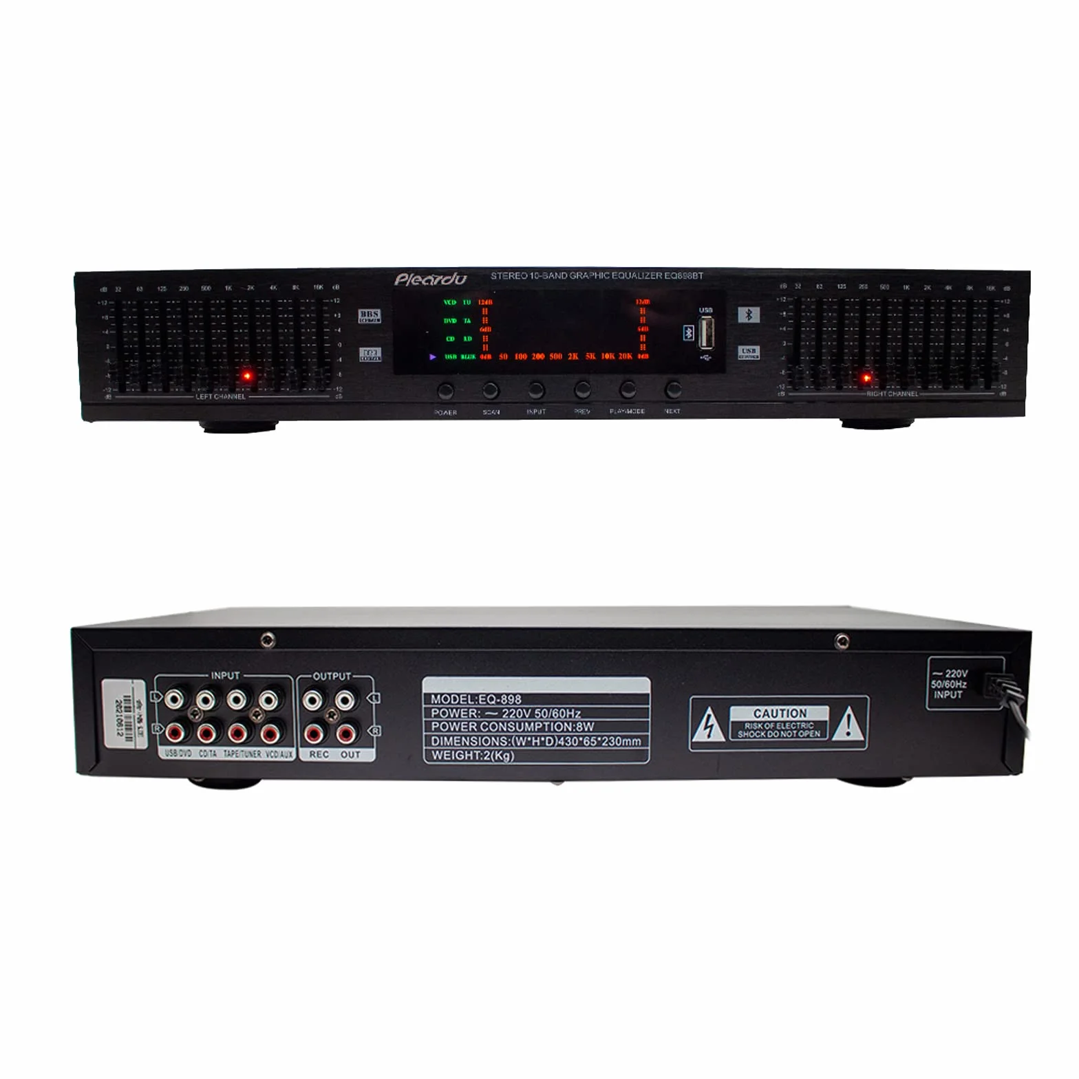 Toplionace 220V HIFI Cyfrowy Korektor Stereo HD EQ898 Wbudowany Przedwzmacniacz USB Bluetooth 10 Segmentowy Czarny