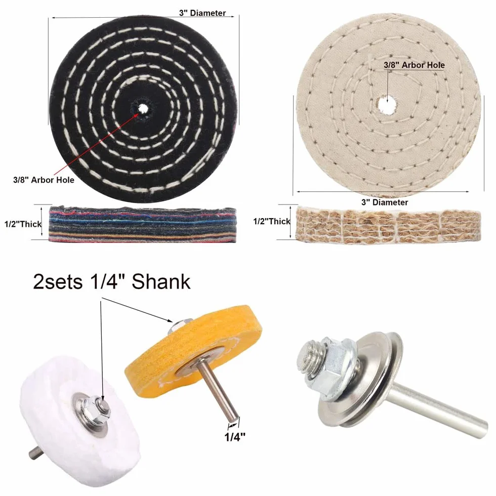 Tarcze polerskie, 7,6 cm, miękkie, cienkie, średnie, grube, 1,27 cm, grube, 1,27 cm, grubość 0,95 cm, z 2 zestawami prętów 0,63 cm do wiercenia, 5 szt