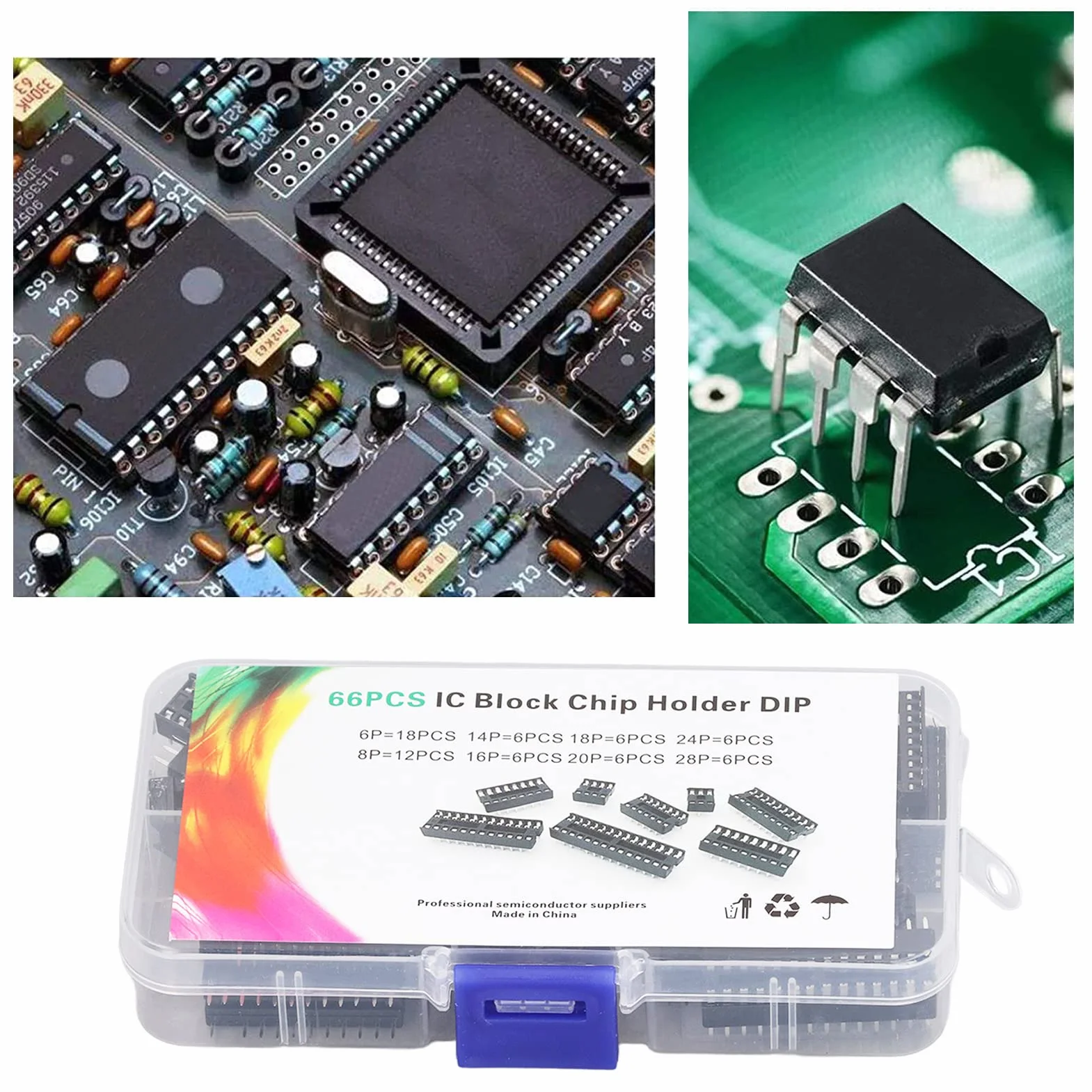 66 szt. DIP IC Chip Socket 6P do 28P Izolacyjne Plastikowe Dwurzędowe Płaskie Piny IC Gniazda Typ Lutowania Zestaw Asortymentowy
