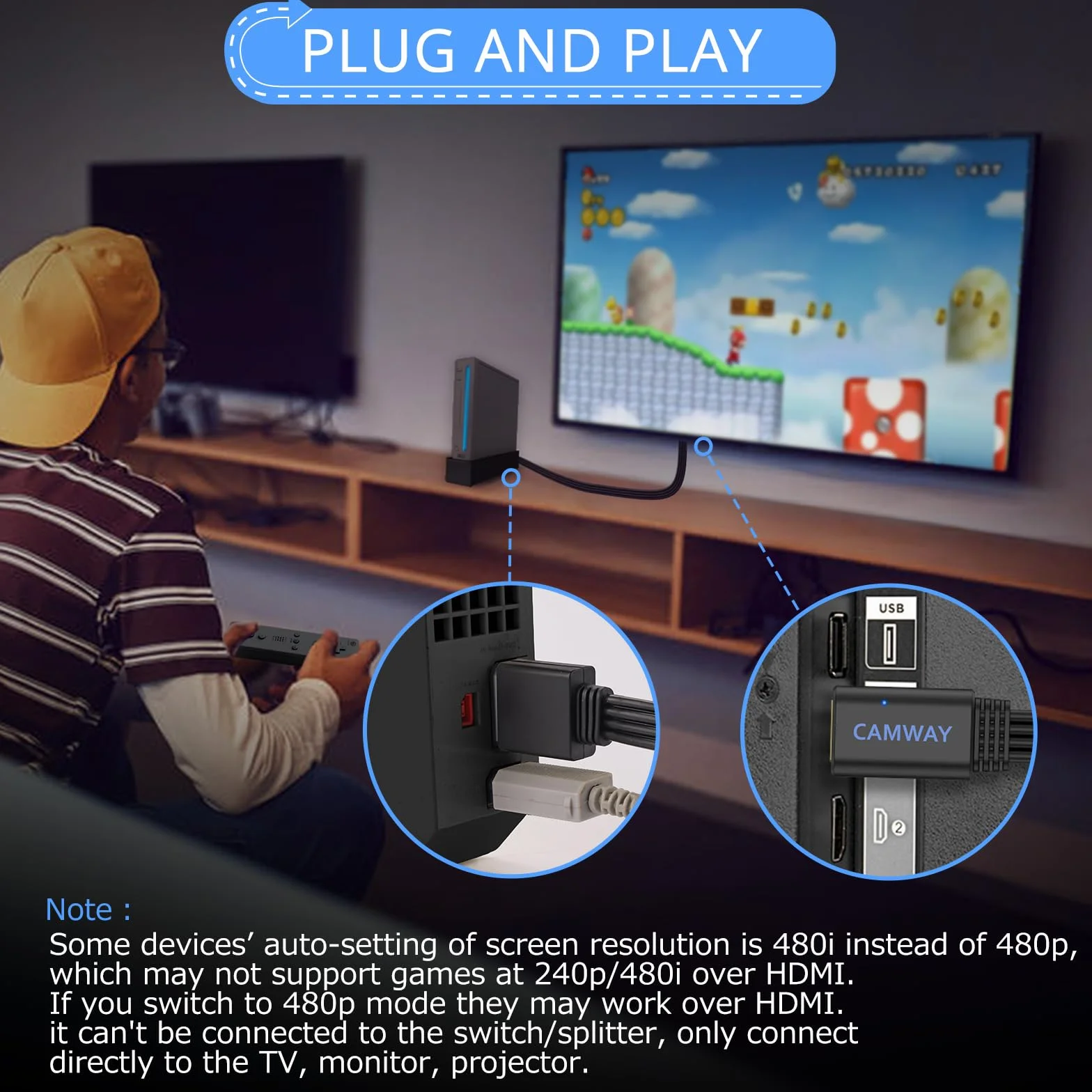 CAMWAY Konwerter Wii na HDMI 1080P/720P z kablem 150 cm, obsługuje NTSC 480i/480p, Pal 576i, Wii na HDMI do telewizora HDTV i monitora, Plug i Paly, kolor czarny