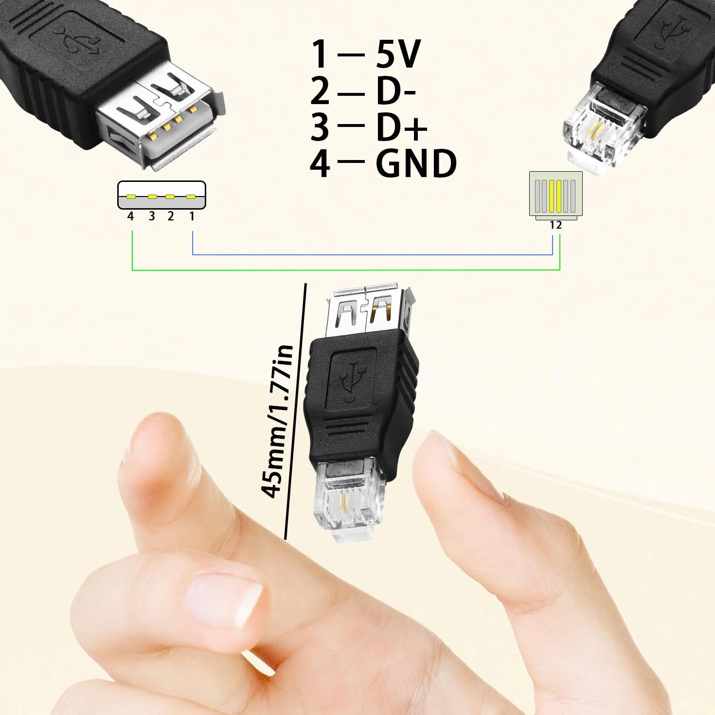 QIANRENON Wtyczka RJ11 do gniazda USB do telefonów złącze RJ11 6P2C wtyczka do gniazda USB A kabel telefoniczny adapter 2pin RJ11/USB do telefonu interfejs testowy, do telefonów faksowych, 2 szt