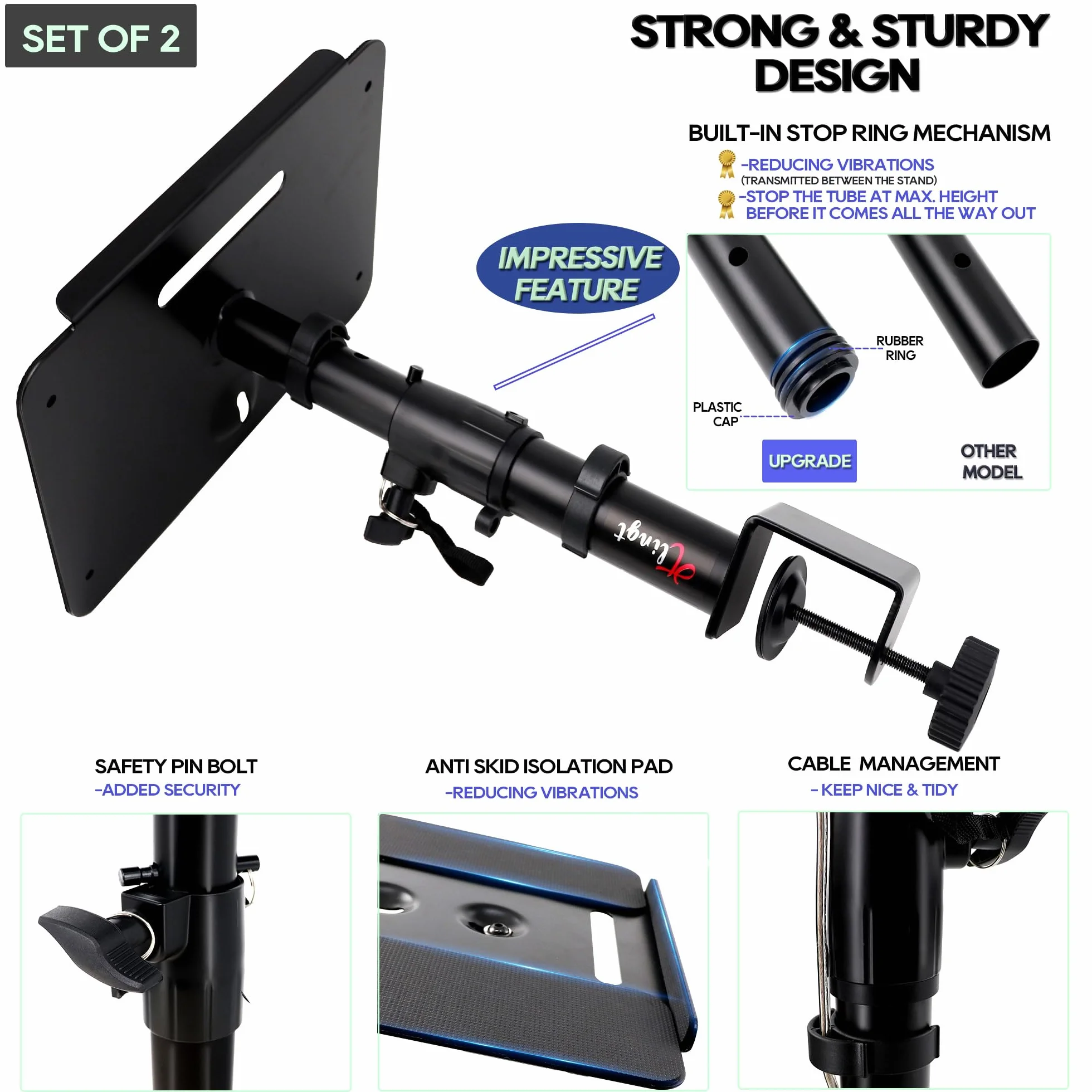 Deluxe stojak na monitor studyjny, stojak na głośniki biurkowe (2-pak) - wytrzymała metalowa taca 30 x 23 cm, kąt nachylenia od -10° do +10°, idealny do monitorów studyjnych, głośników