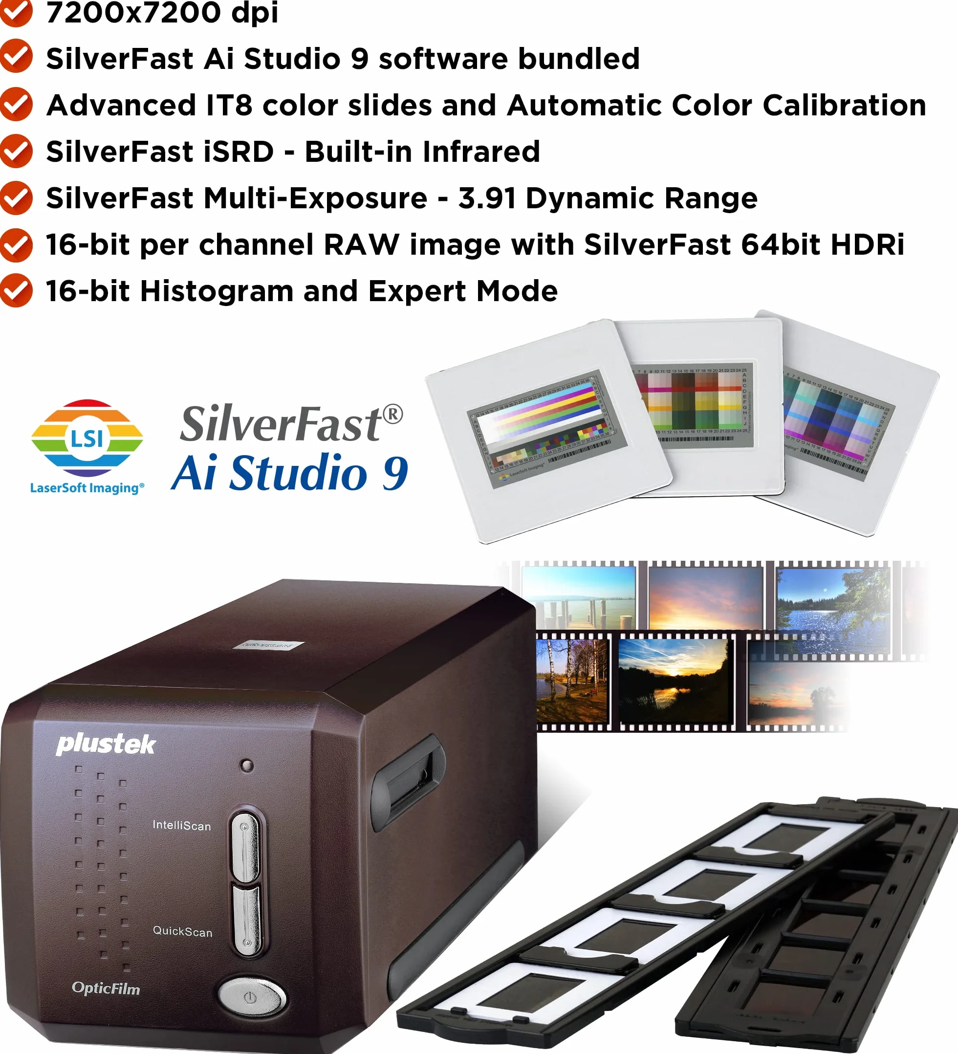 Plustek OpticFilm 8300i Skaner folii Ai konwertuje 35 mm, wsuwa się w cyfrowy, pakiet SilverFast Ai Studio 9 + QuickScan Plus, zawiera cel kalibracji IT8 (3 slajdy)