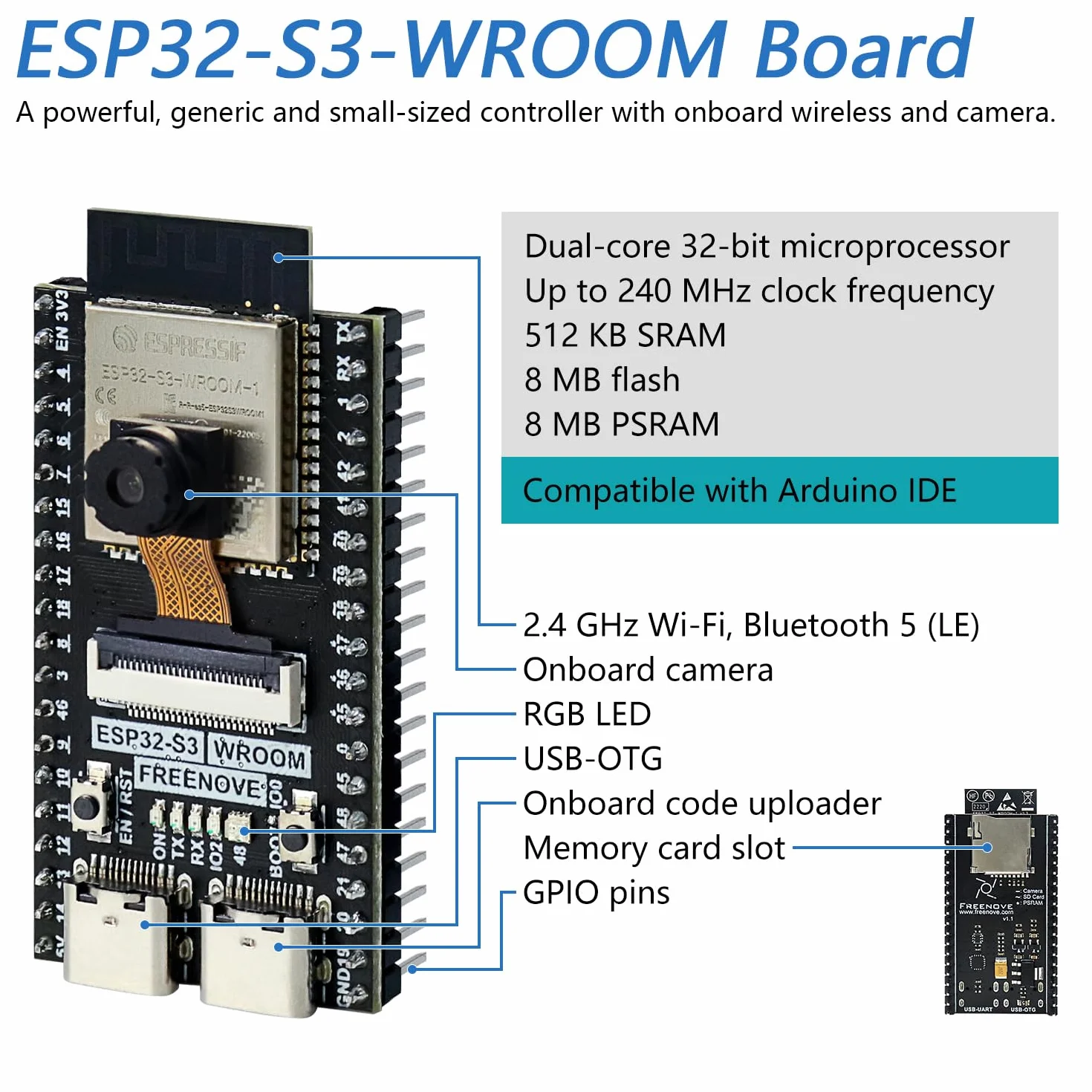 Freenove ESP32-S3 ESP32 S3 CAM Board, Dual-core 32-bit 240 MHz Microcontroller, Onboard Camera Wireless, Python C Code, Example Projects Tutorial