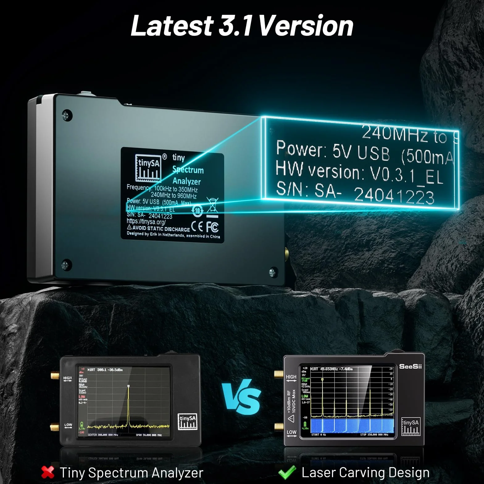 Seesii Analizator widma TinySA, zaktualizowany przenośny analizator małej częstotliwości 100 kHz-960 MHz Wejście MF/HF/VHF/UHF, Generator sygnału z ekranem dotykowym 2.8'' z ochroną ESD