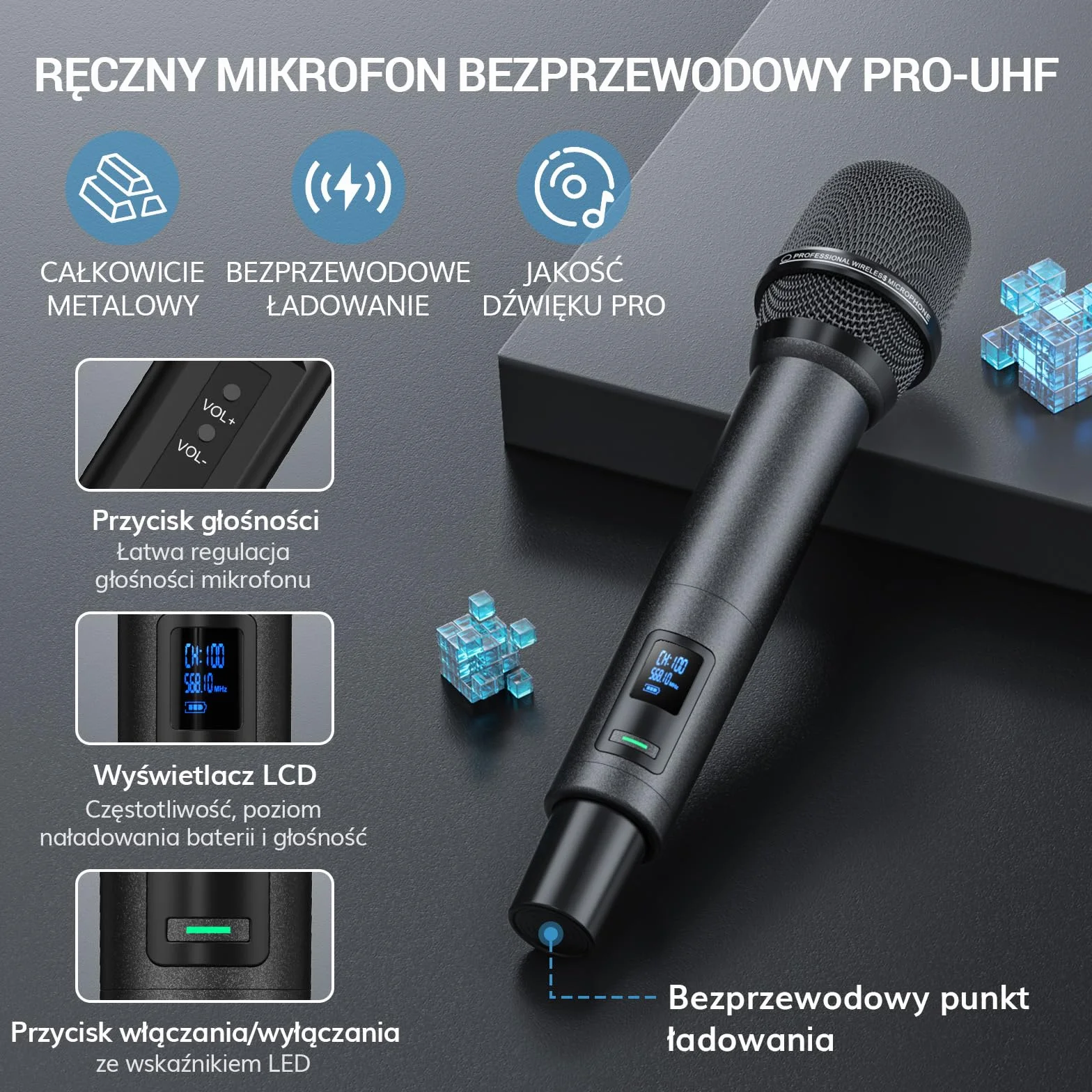 Rechargeable 2 Channel Wireless Microphone System with 2 Cordless Handheld Mics, Metal Receiver, Ideal for Church Karaoke Party Sports Class
