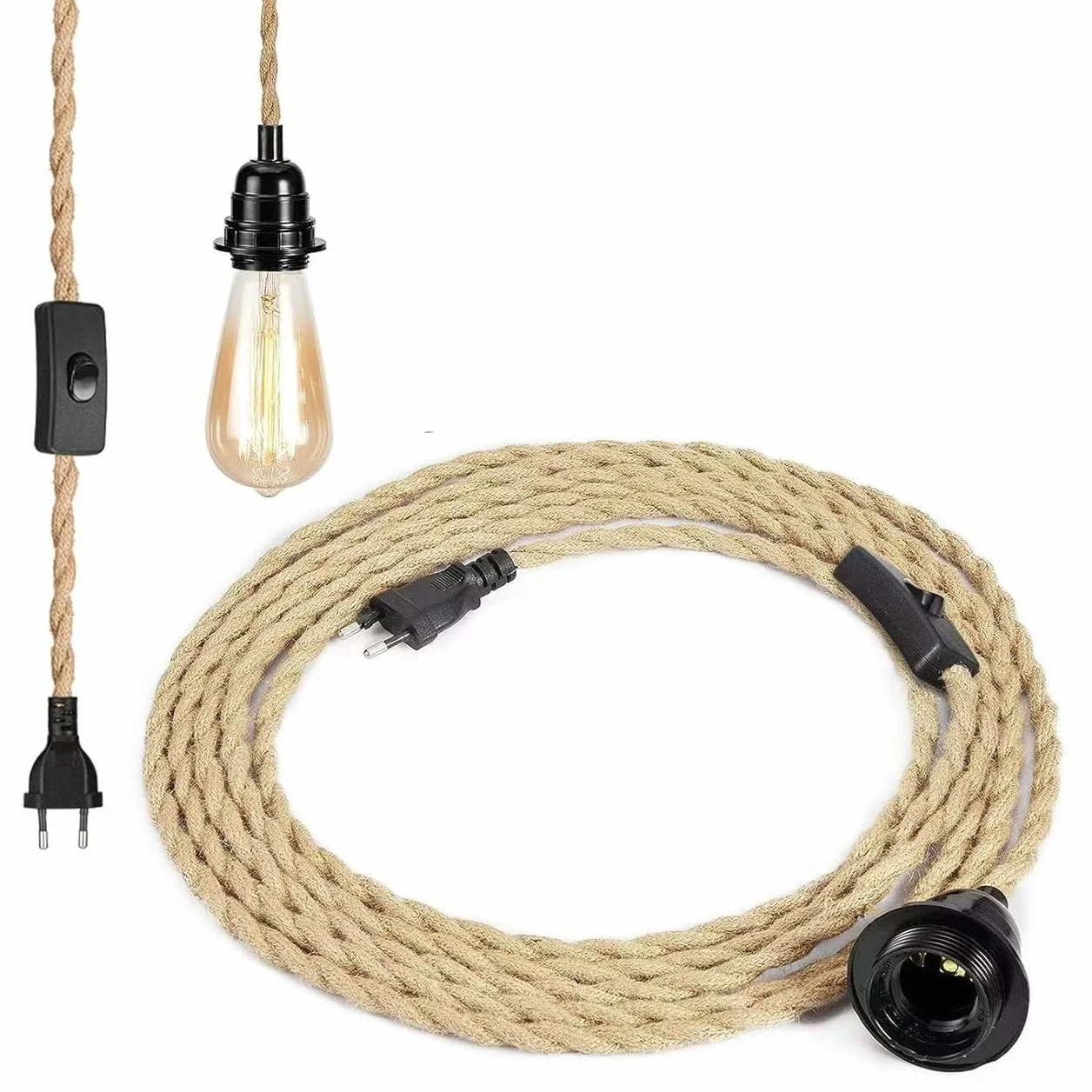 HENGBIRD Oprawka lampy E27 z kablem 4,5 m z woreczkiem śrubowym i hakiem bakelitowym, oprawa lampy konopnej w stylu vintage, z kablem i wtyczką, oprawa E27 do salonu, kuchni, baru, odporna na