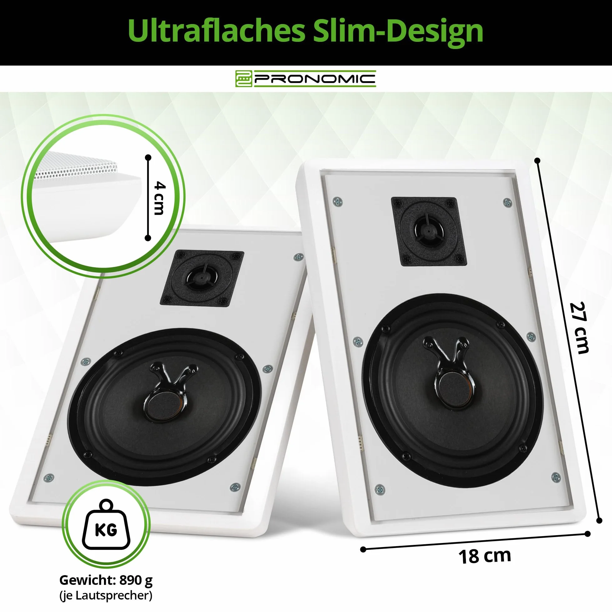 Pronomic FLS-540 WH 2-parowy zestaw głośników ściennych HiFi, 2-drożny, głośnik niskotonowy 5,25"/133 mm, głośnik wysokotonowy 1,2"/30 mm, 25/50 W RMS/Peak, połączenie listwy zaciskowej, biały.