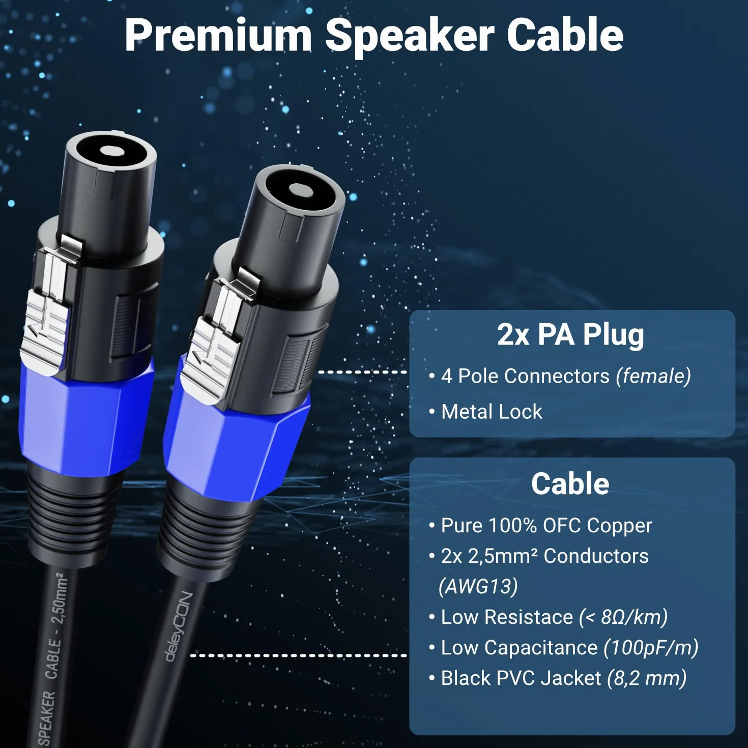 deleyCON 10m Kabel Głośnikowy PA - Jakość Studyjna - z Czystej Miedzi OFC - Przewód do Głośników PA 2-Biegunowy 2x 2,5mm² (AWG13) 8,3mm - Metalowa Blokada