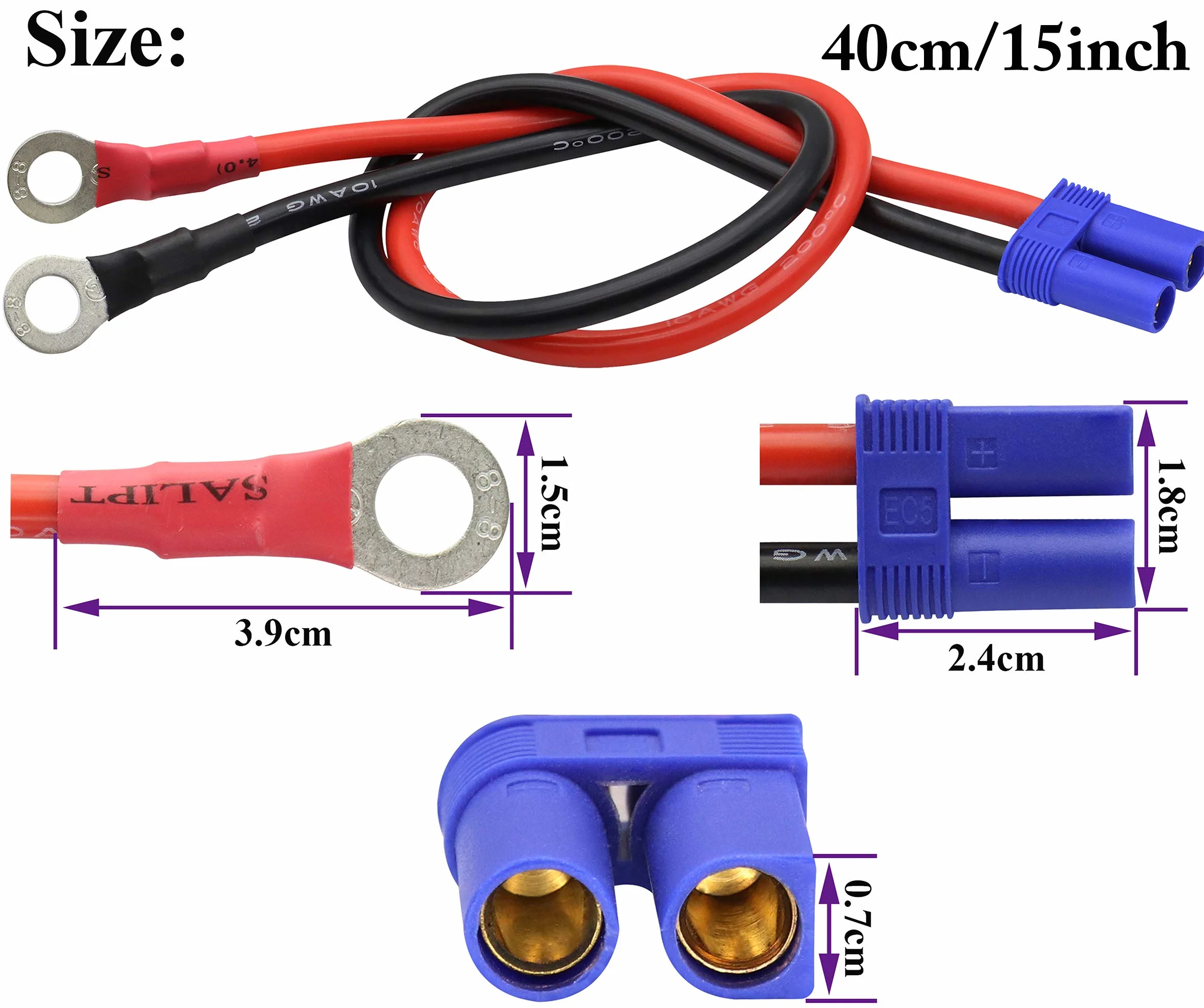 EC5 na kabel adaptera zacisku O-ring, EC5 żeński na oczko oczko, złącze przedłużające 10AWG, RC ESC, ładowarka boczna (40 cm)