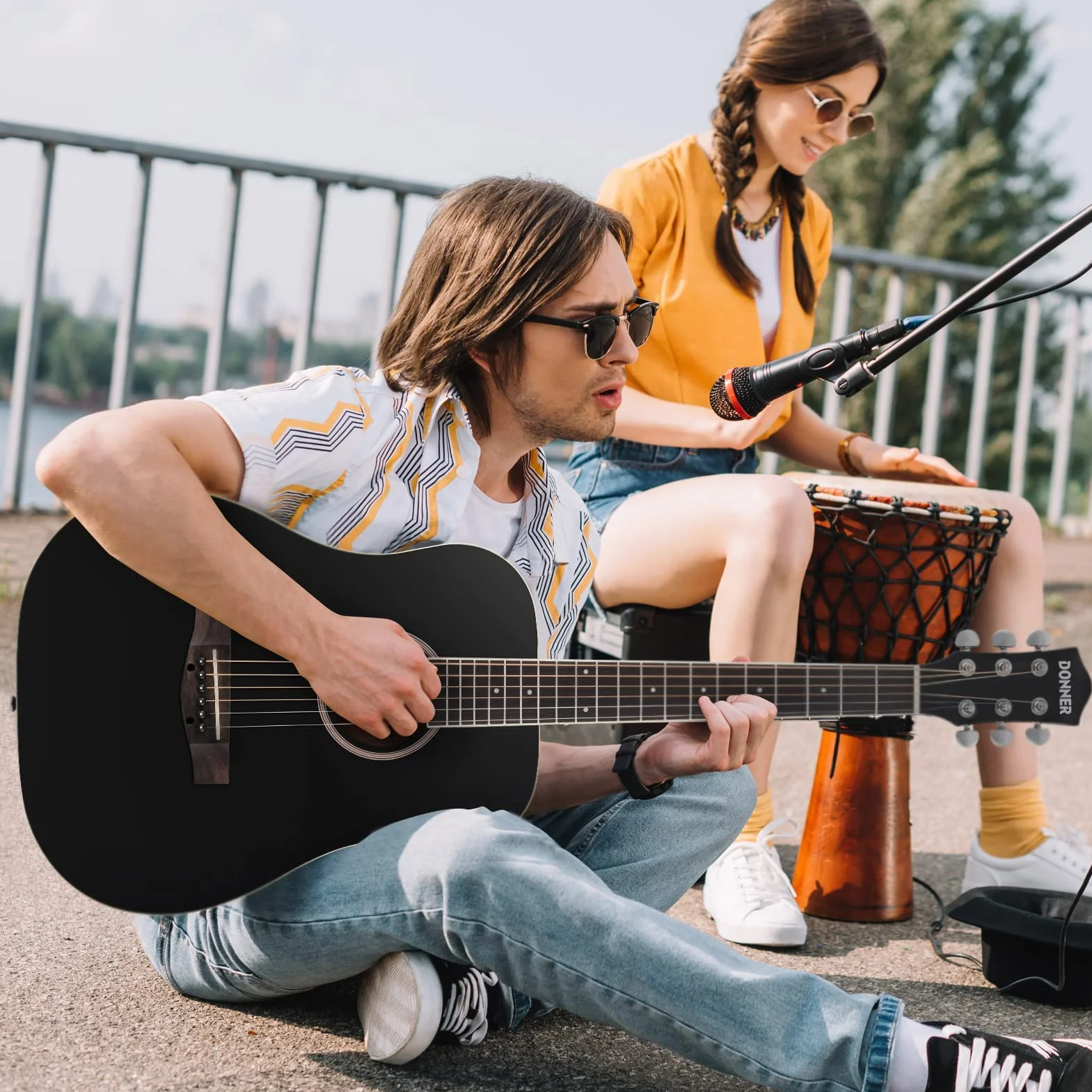 Donner Gitara akustyczna dla początkujących dorosłych 91 cm Dreadnought rozmiar 3/4 czarna gitara zestaw zestaw podróżny świerk drewno z torbą na koncert capo tuner pasek struna kostki gitarowe