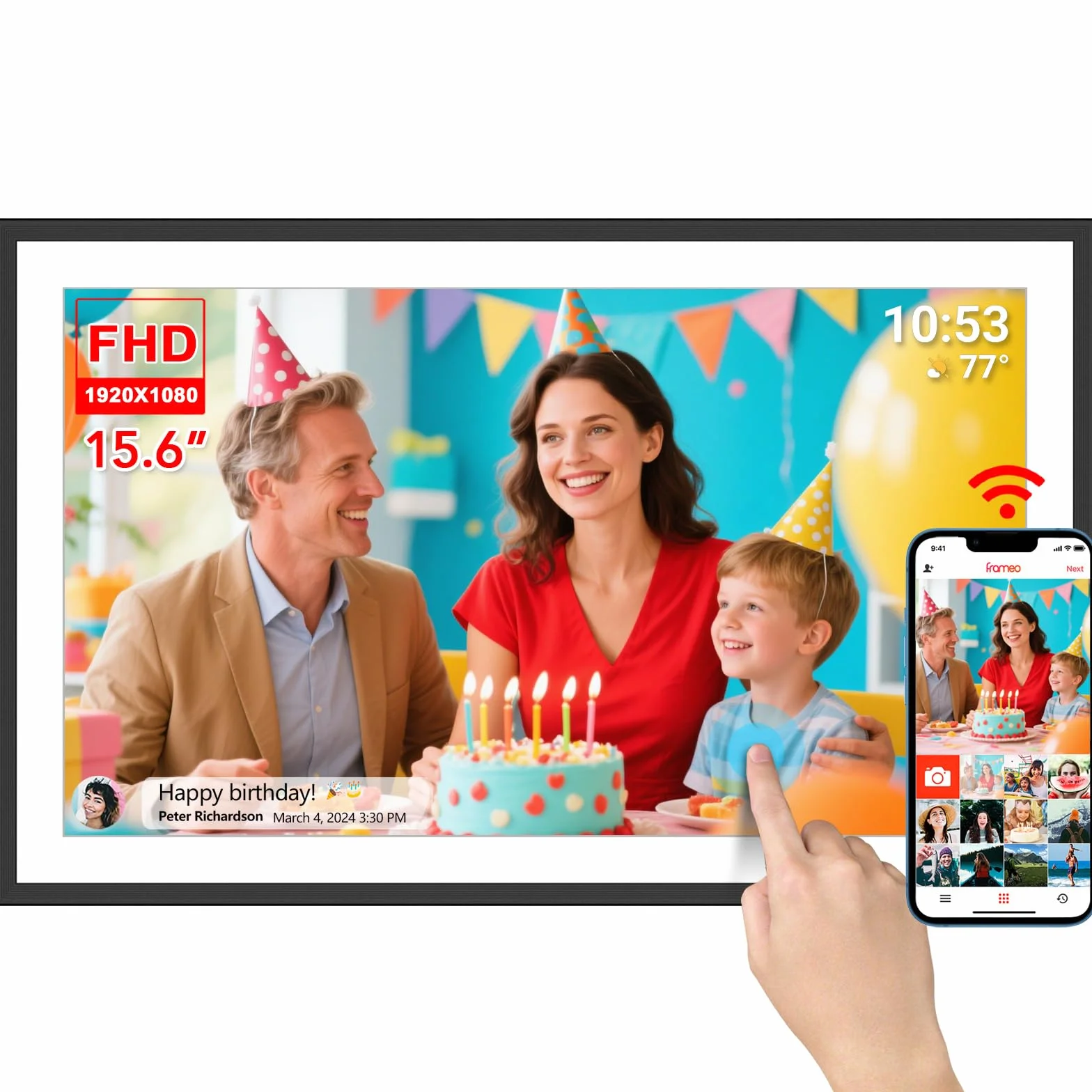 FRAMEO Cyfrowa ramka na zdjęcia 15,6 cala, bardzo duża, WiFi, cyfrowa ramka na zdjęcia z 32GB 1920 x 1080 IPS HD ekranem dotykowym, na biurko i montaż naścienny, udostępnianie zdjęć i filmów za pomocą